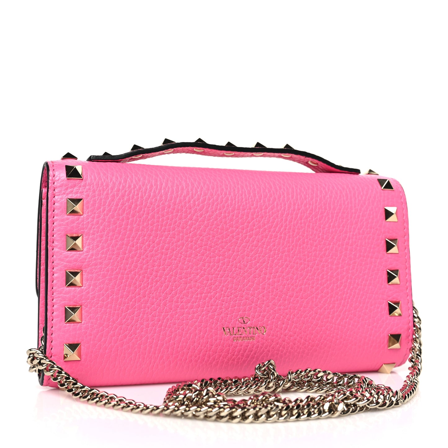 Pebbled Calfskin Rockstud Flip Lock Wallet On Chain Feminine Pink