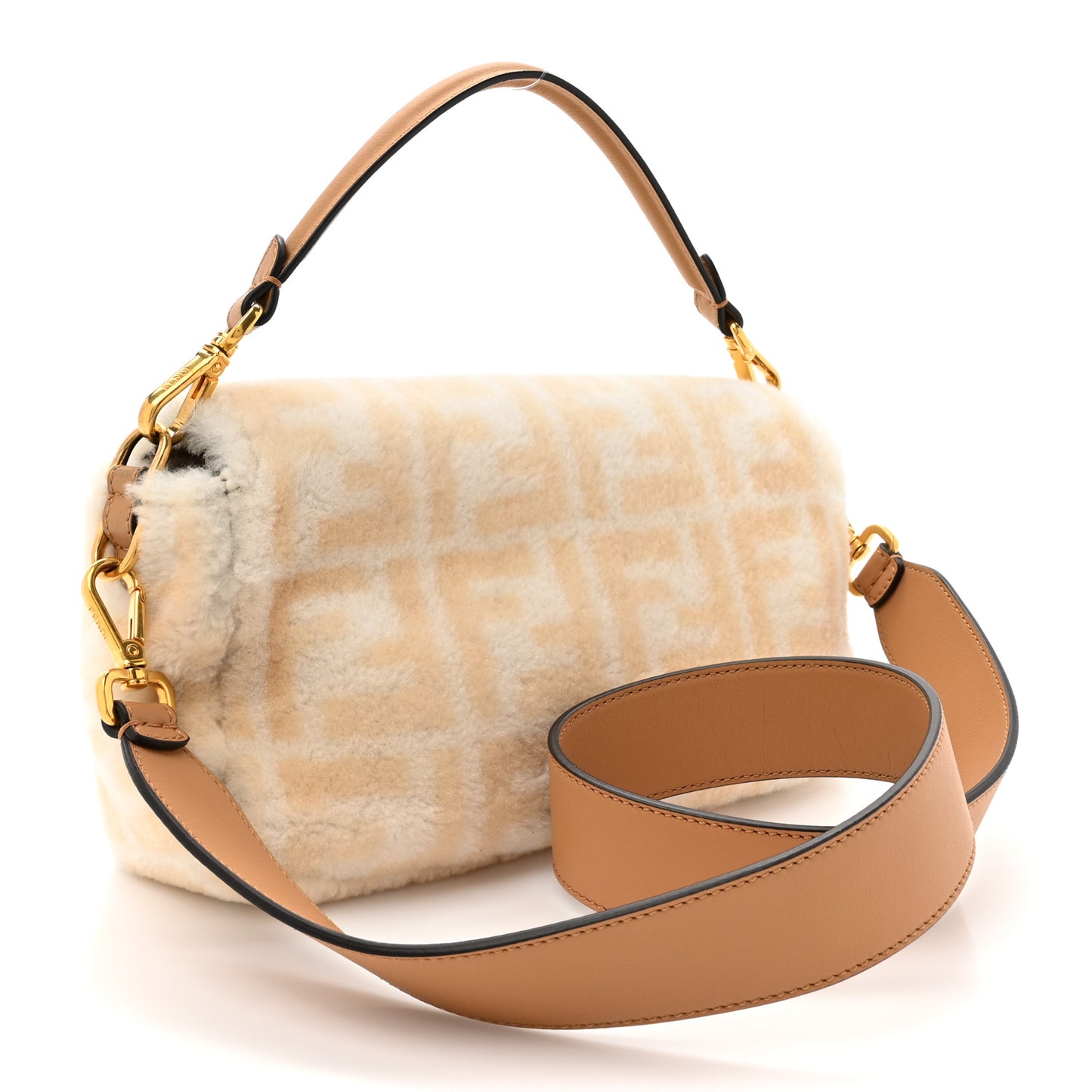Shearling Vitello Dolce Macro FF 1974 Baguette White Ice Cuoio Miele Scuro