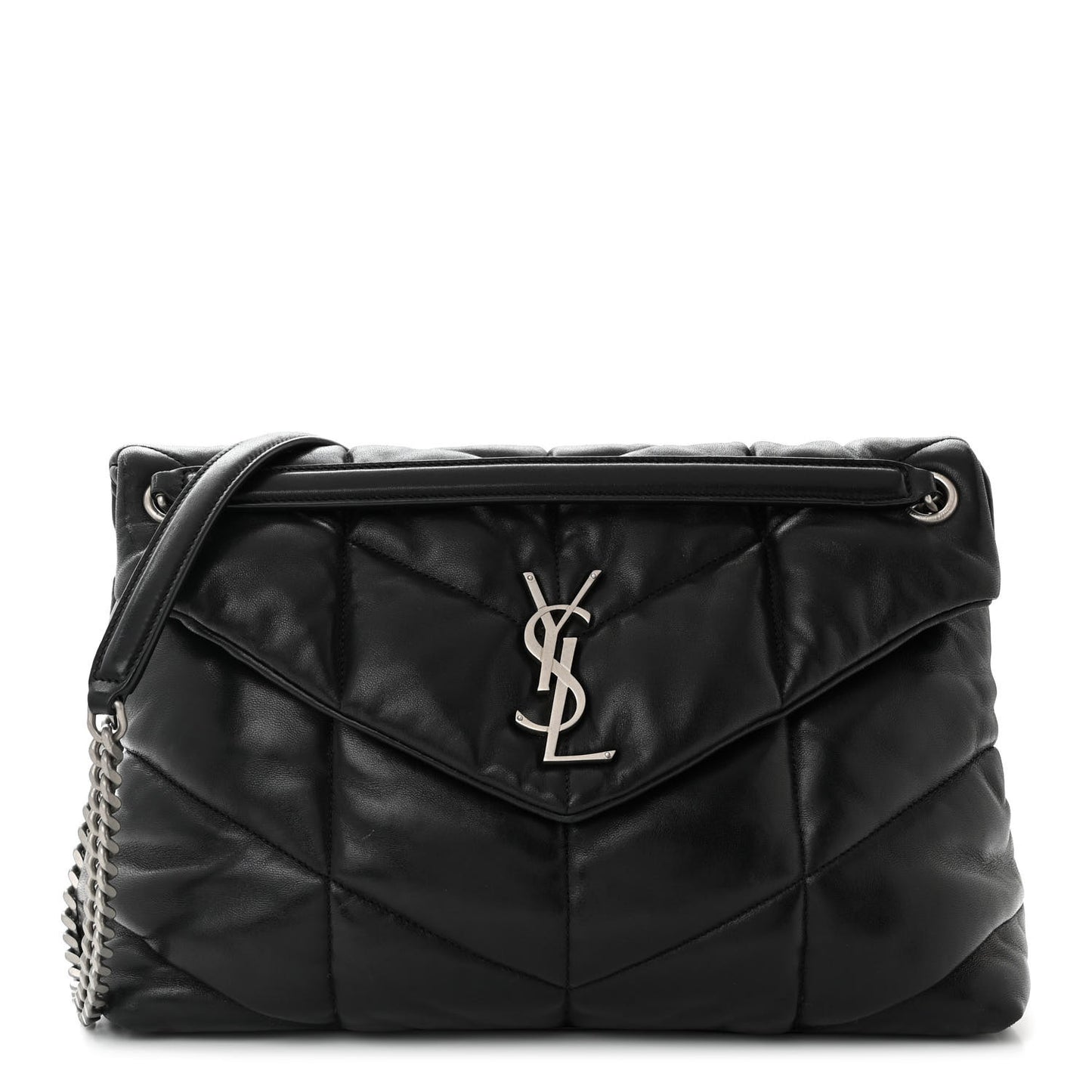 Lambskin Quilted Medium Loulou Puffer Monogram Chain Satchel Black