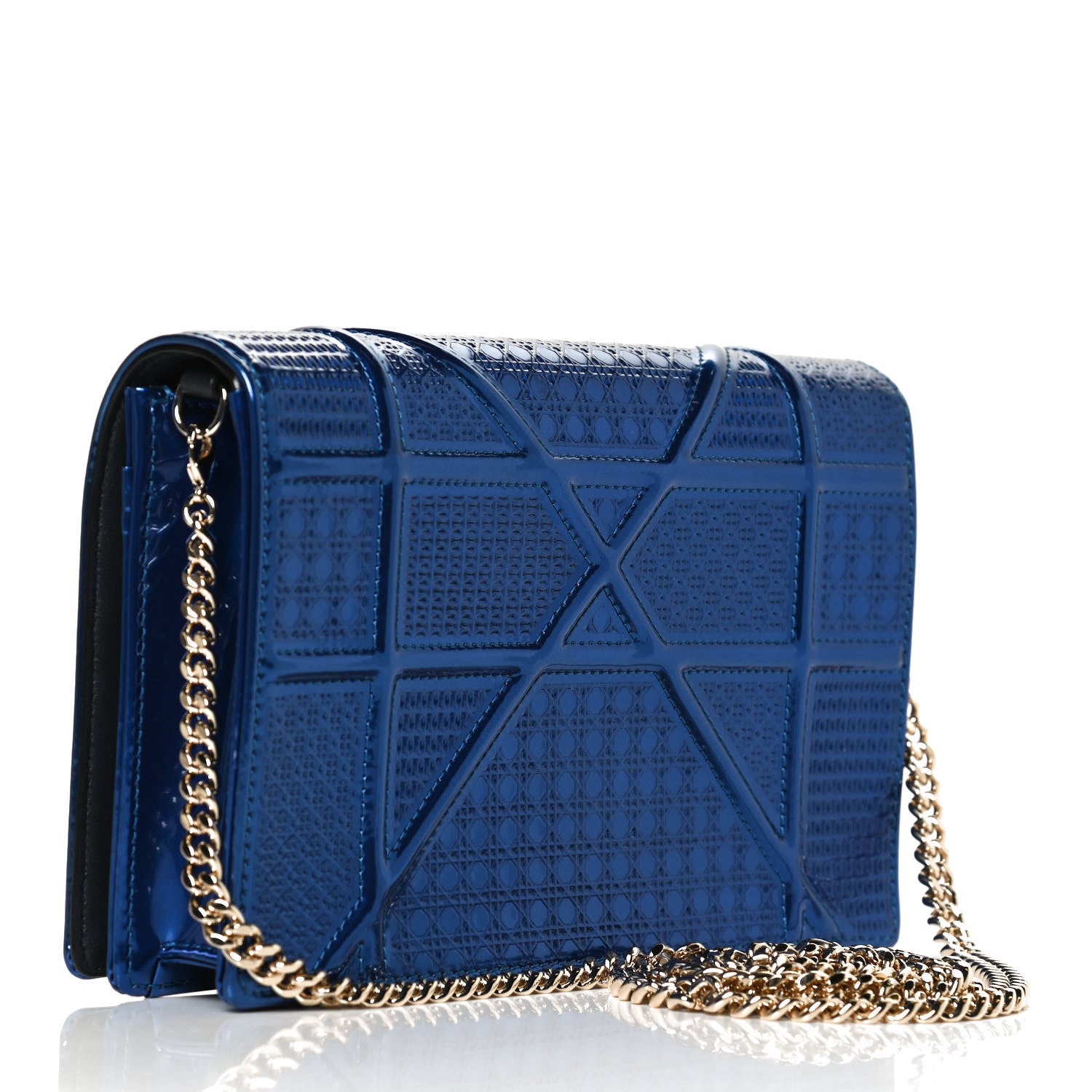 Christian Dior Metallic Patent Micro-Cannage Diorama Wallet on Chain Pouch Mirror Blue 3 of 9