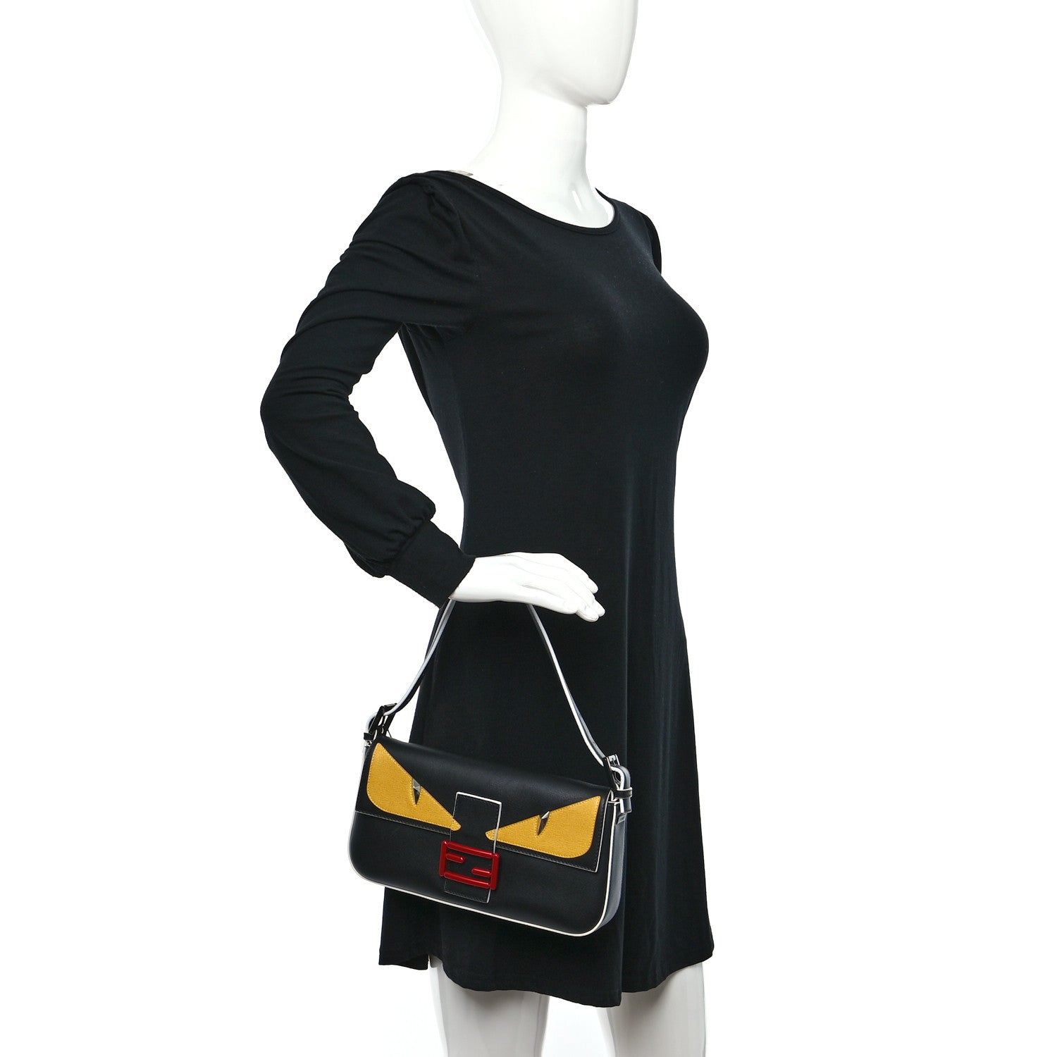 Fendi Vitello Dolce Elite Monster Eyes Bi-Color Baguette Black Yellow 2 of 9