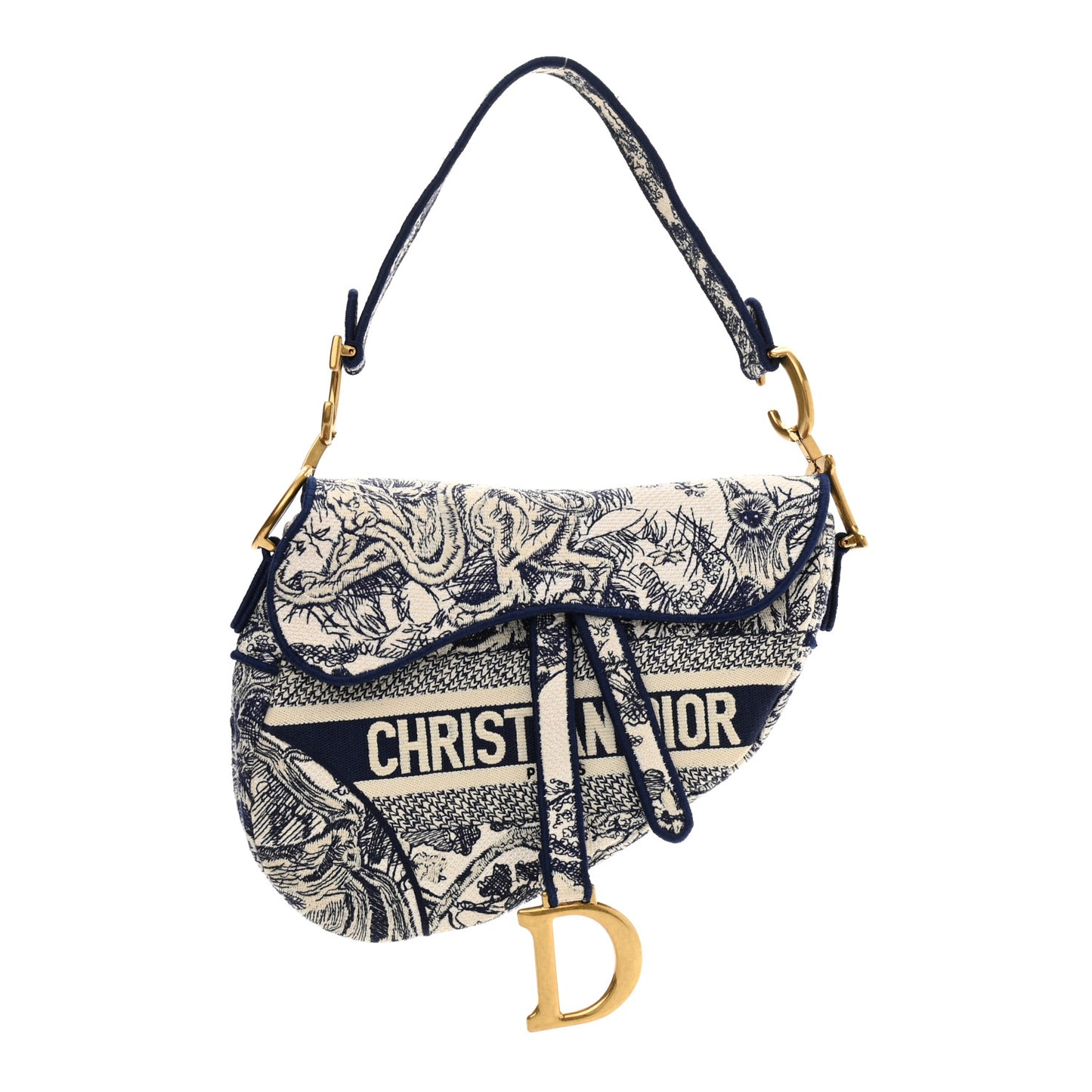 Canvas Embroidered Toile de Jouy Saddle Bag Blue