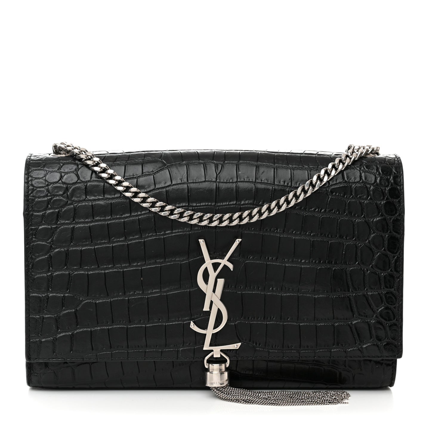 Calfskin Crocodile Embossed Small Classic Monogram Kate Tassel Satchel Black