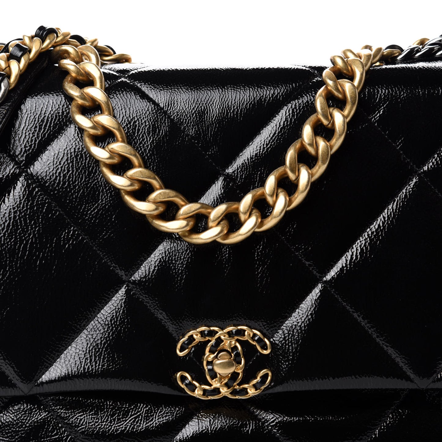 Shiny Crumpled Calfskin Quilted Maxi 19 Flap Black