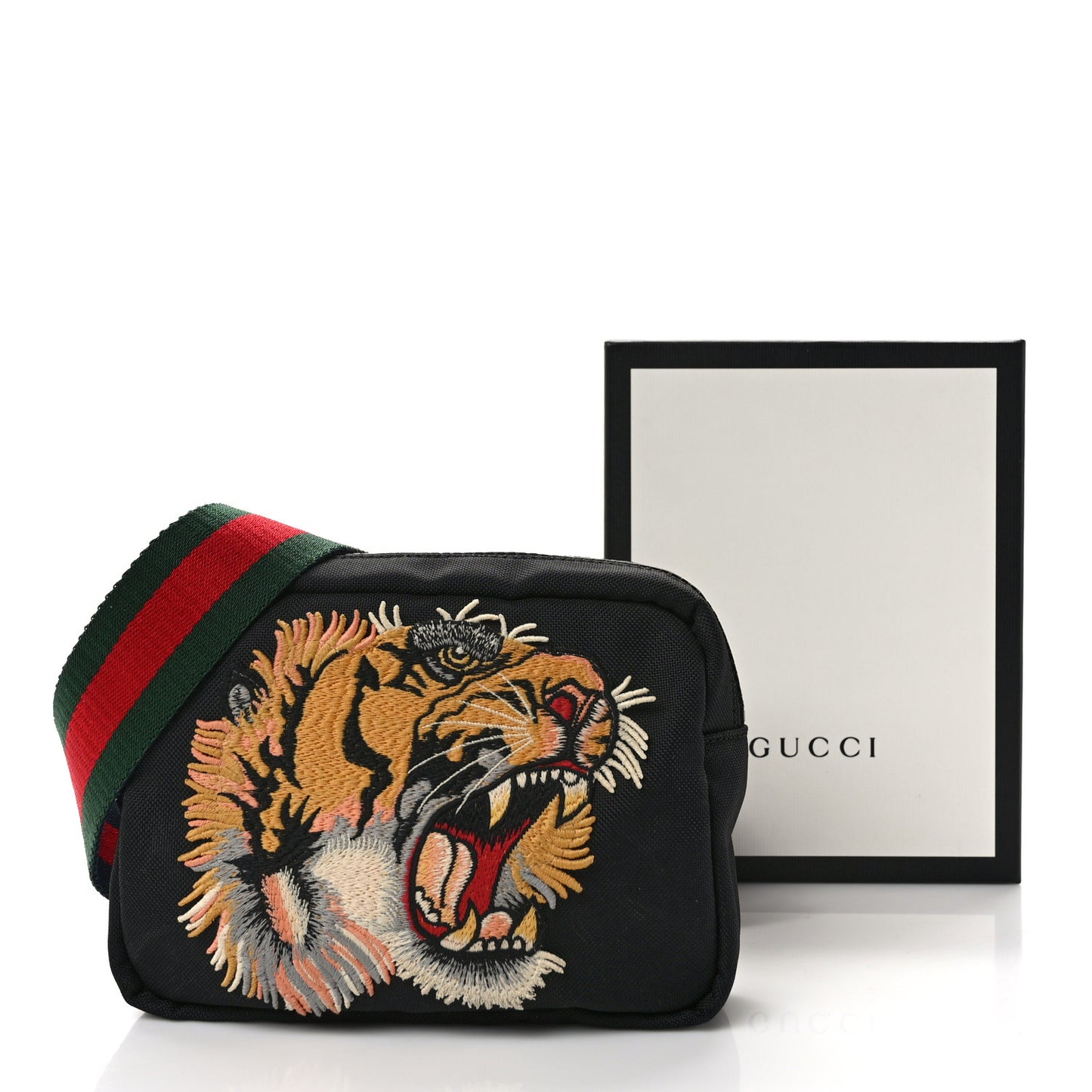Canvas Web Tiger Embroidered Messenger Bag Black