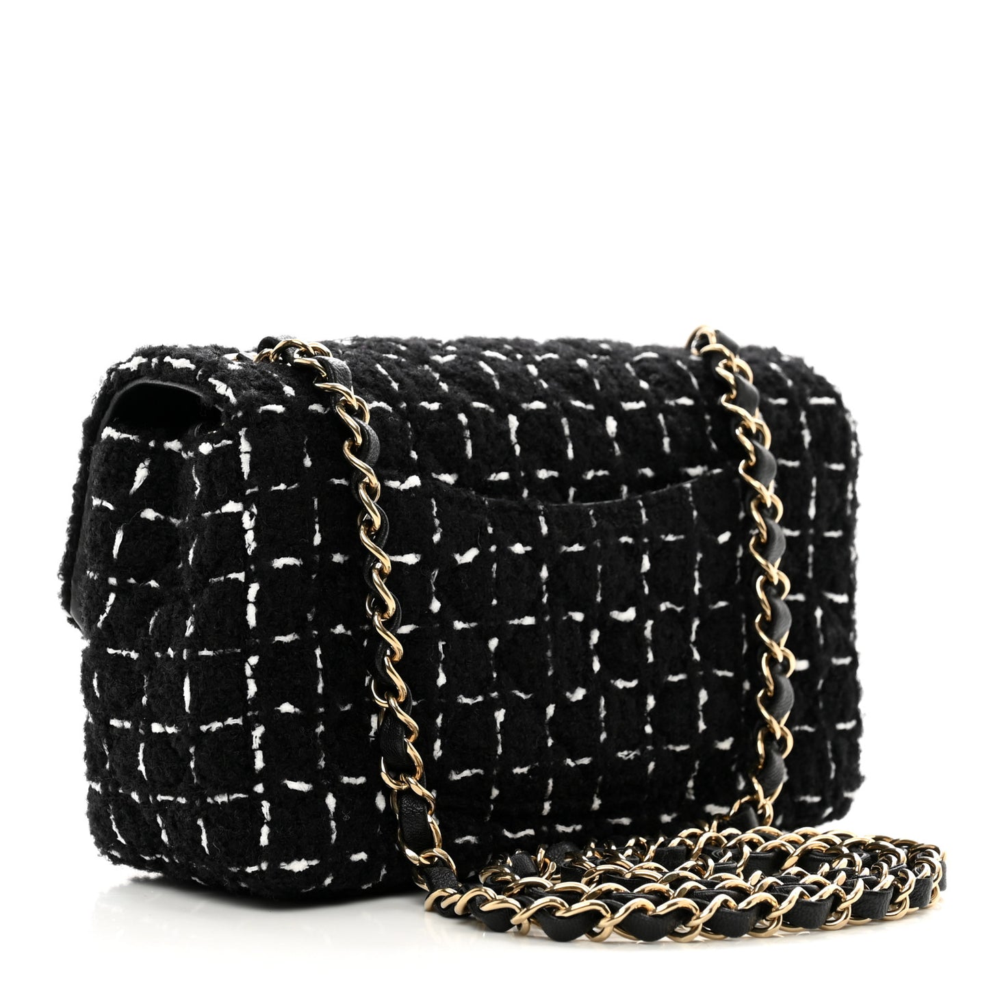 Wool Tweed Quilted Mini Rectangular Flap Black White
