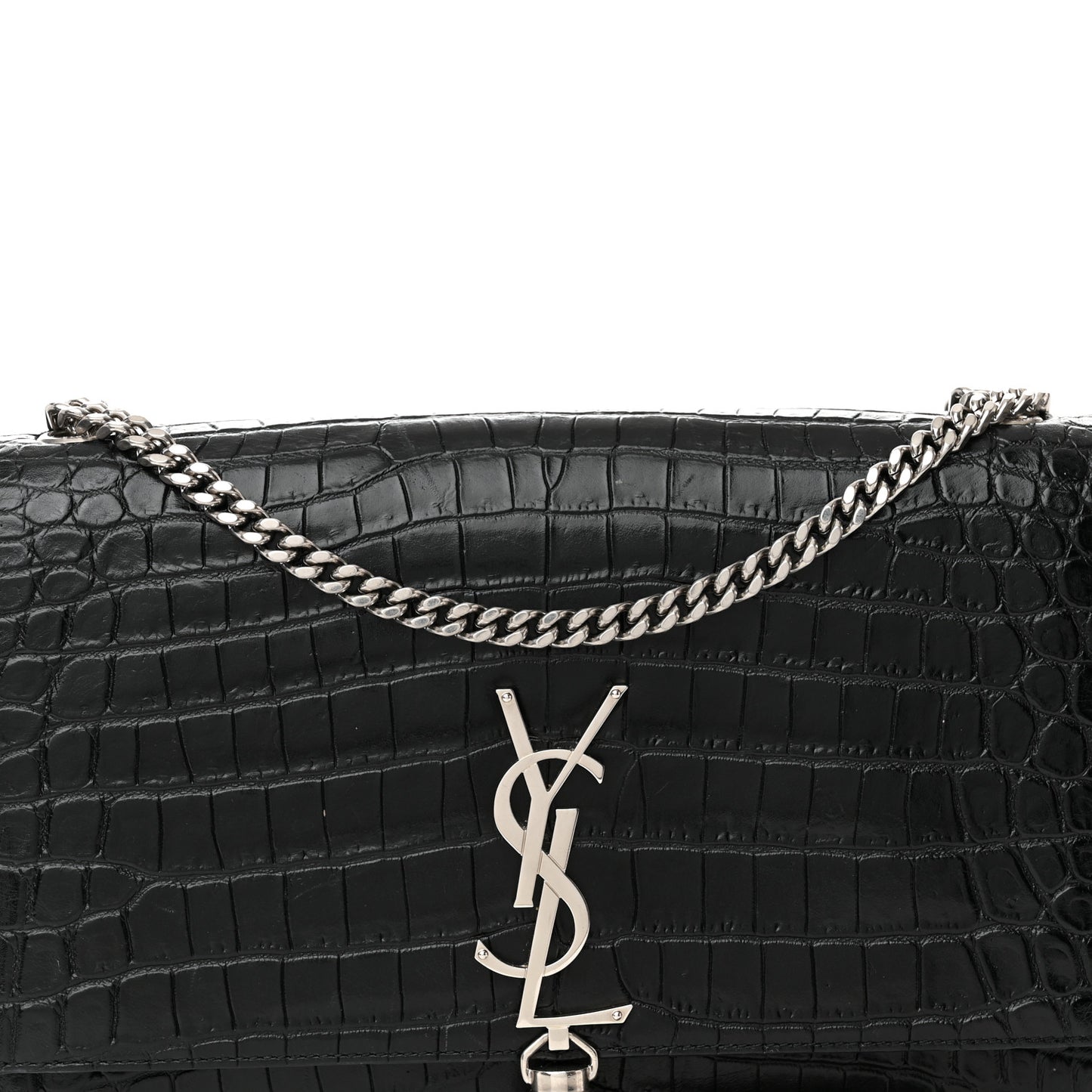 Calfskin Crocodile Embossed Small Classic Monogram Kate Tassel Satchel Black