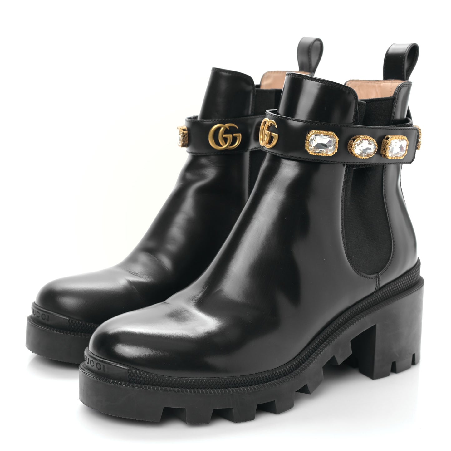 Calfskin Crystal GG Trip Chelsea Ankle Boots 39 Black