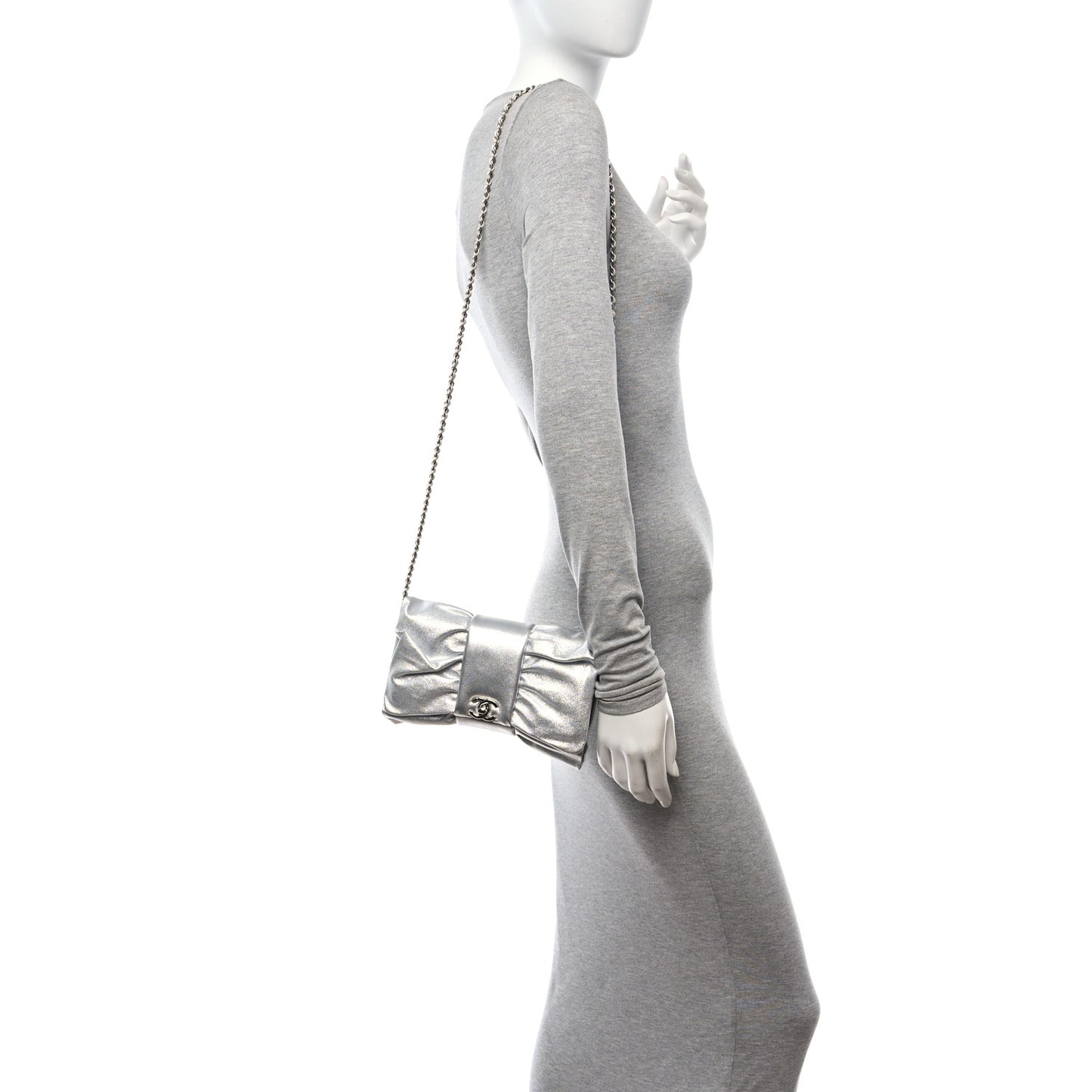 Metallic Lambskin Tie My Bow Flap Clutch With Chain Silver