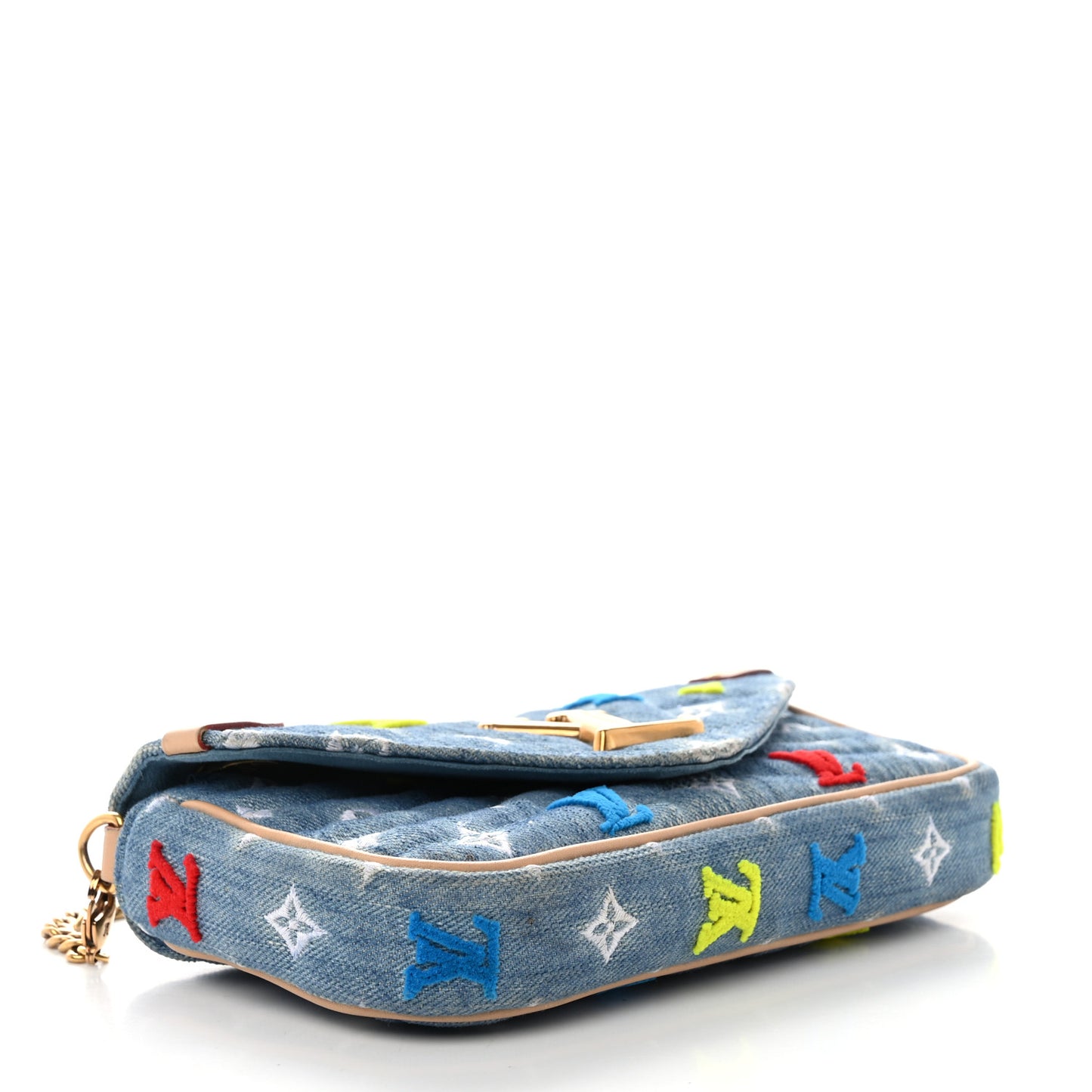 Embroidered Monogram Denim New Wave Chain Pochette Blue