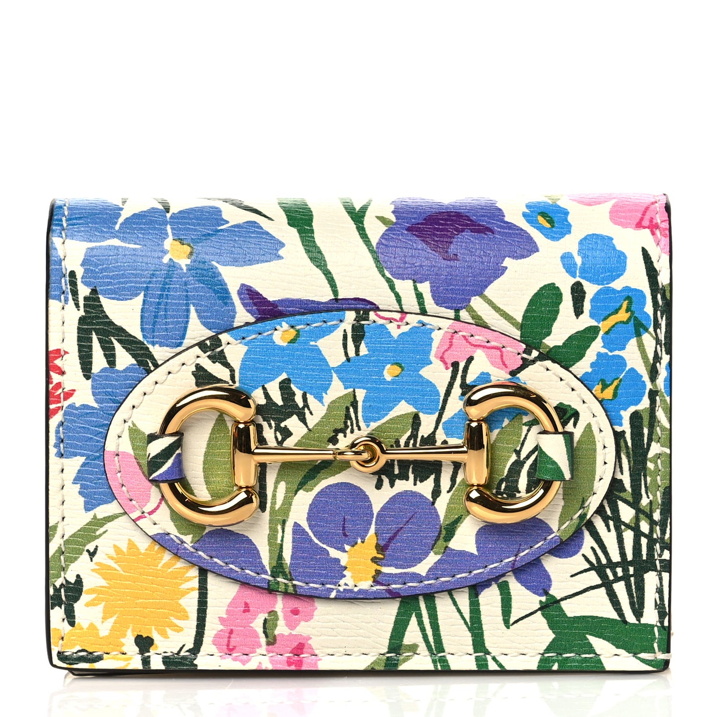 X KEN SCOTT New Shangai Calfskin Jardin D'Avril Floral Print Horsebit 1955 Card Case Wallet Ivory Pink