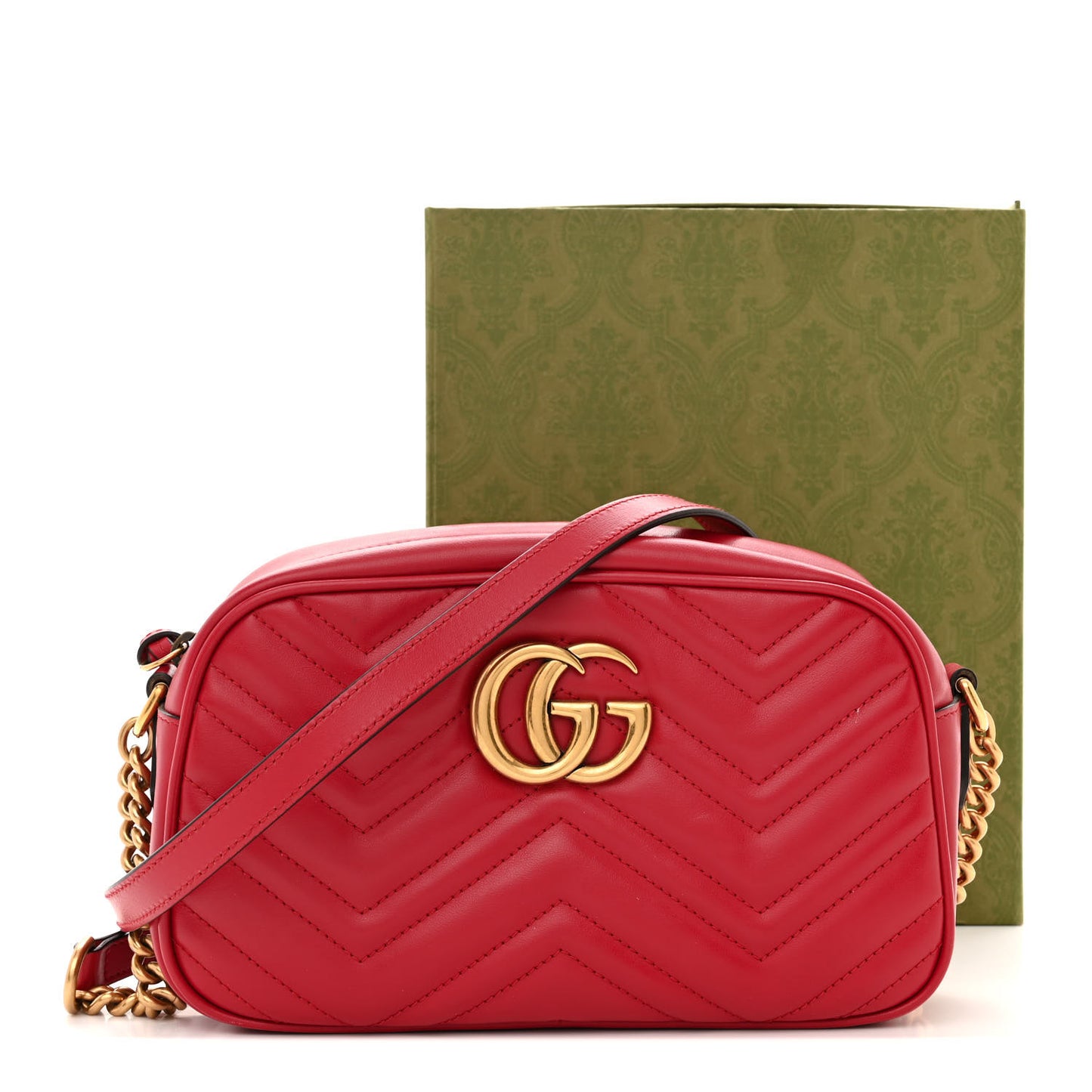 Calfskin Matelasse Small GG Marmont Chain Shoulder Bag Hibiscus Red