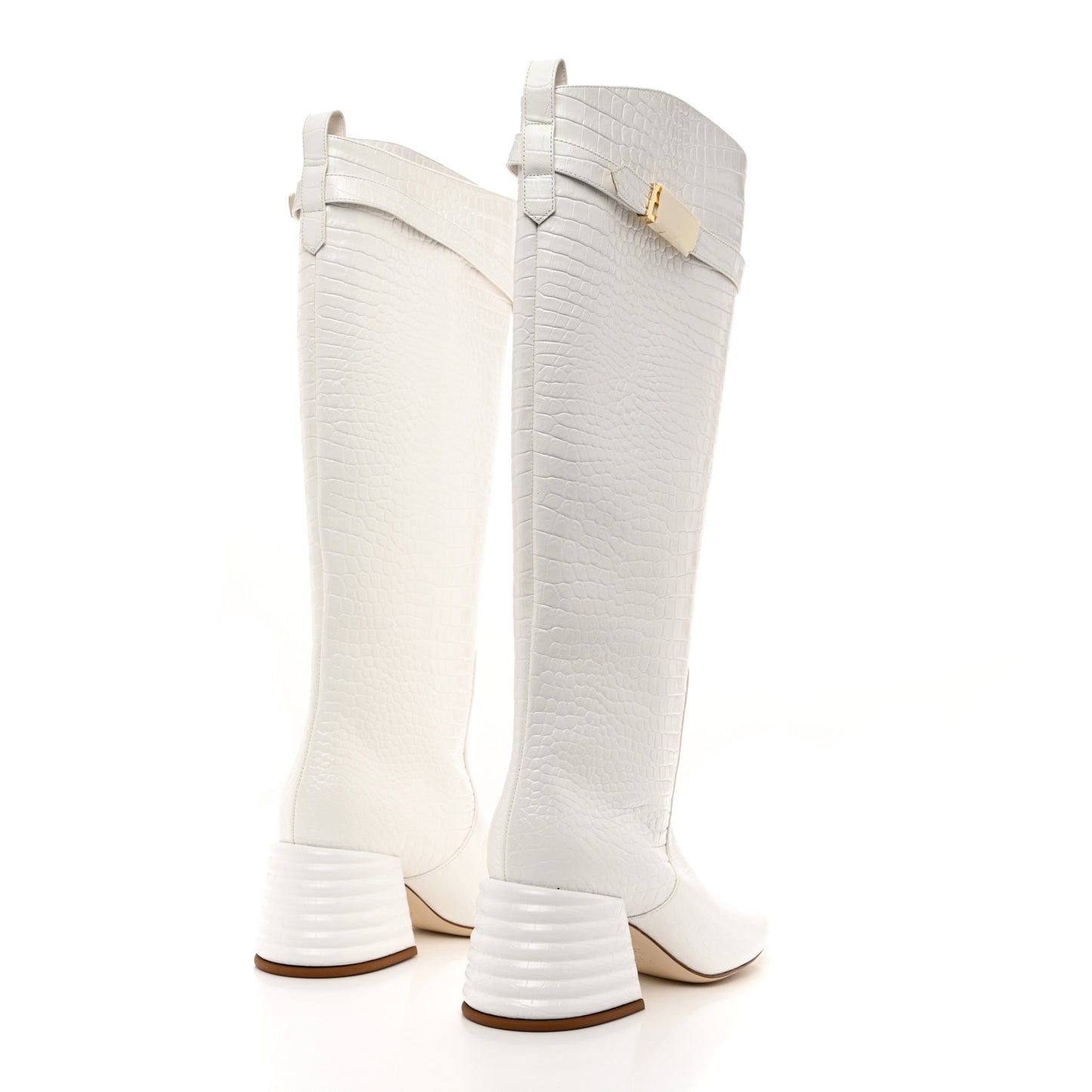 Calfskin Crocodile Embossed Knee High Block Heel Boots 35.5 White
