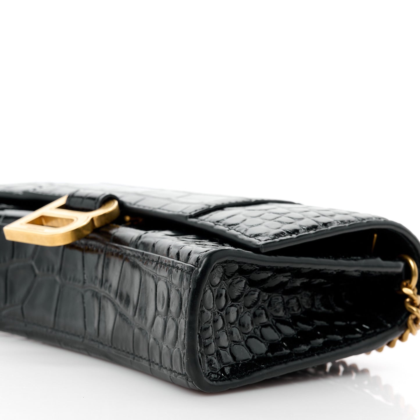 Shiny Calfskin Crocodile Embossed Hourglass Chain Bag Black