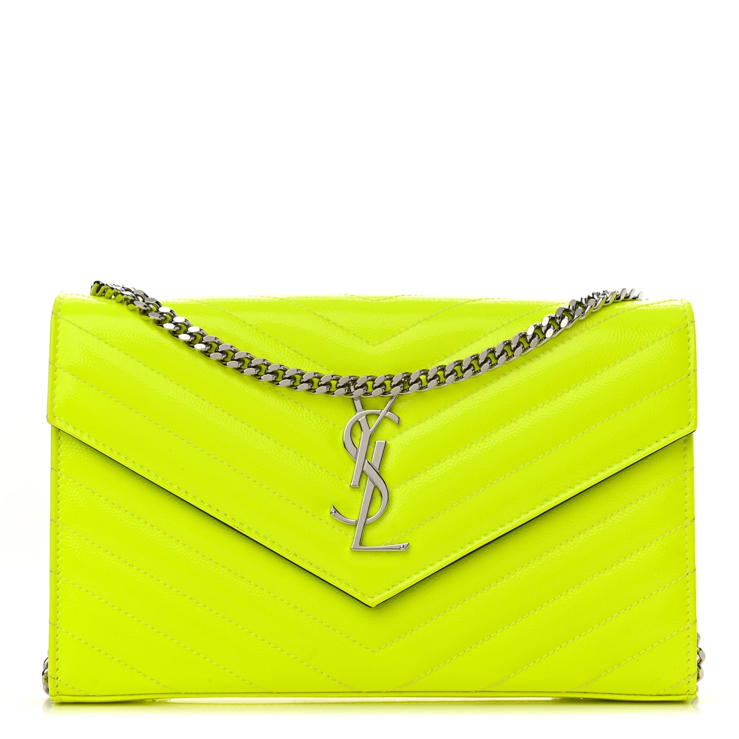 Patent Grain De Poudre Matelasse Chevron Monogram Chain Wallet Neon Yellow