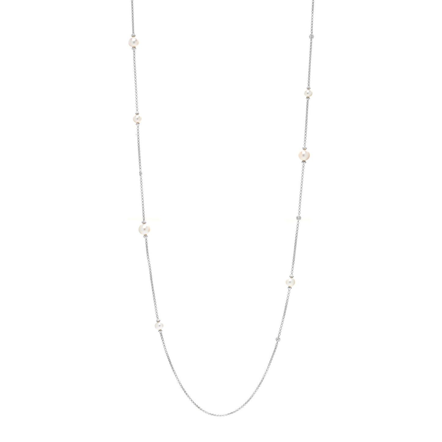 Sterling Silver Diamond Pearl Station Chain Necklace