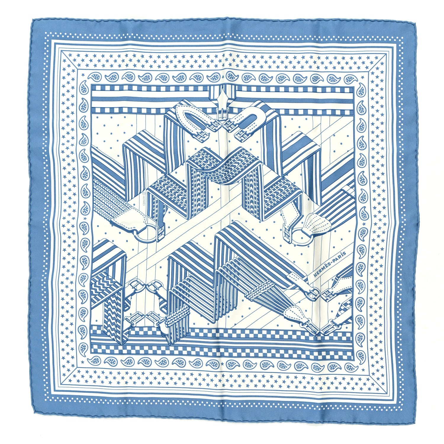 Hermes Silk Sangles En ZigZag Bandana Scarf 55 Bleu Jean White 1 of 3