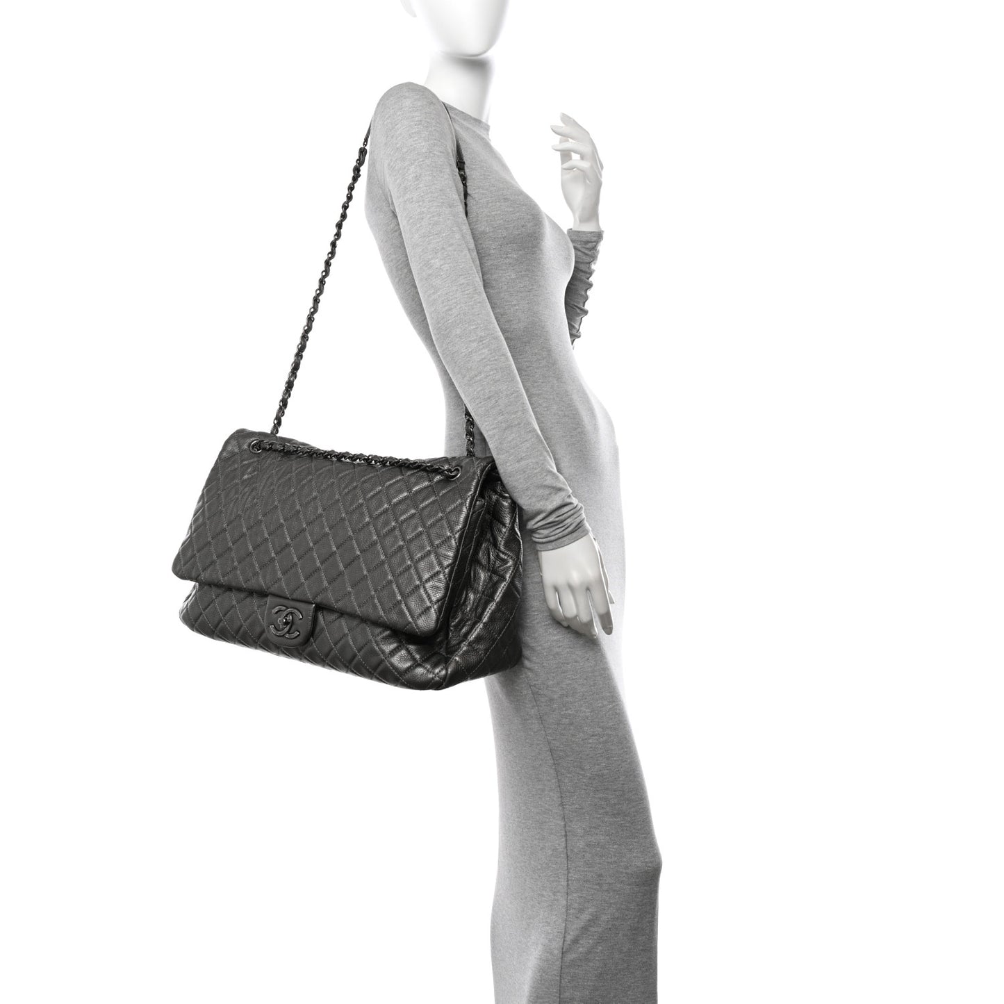 Metallic Metallized Calfskin Quilted XXL Travel Flap Bag Dark Silver