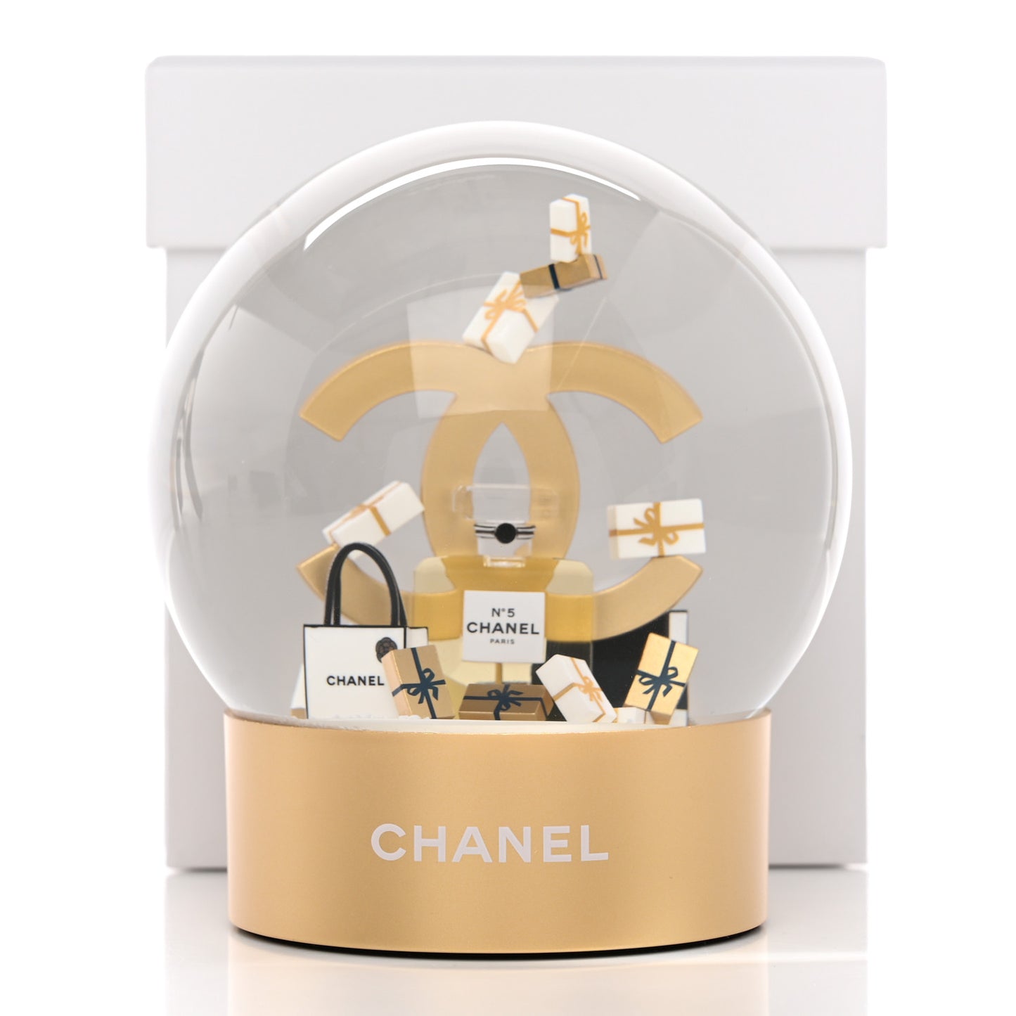 Glass CC Shopping Bag Snow Globe Gold