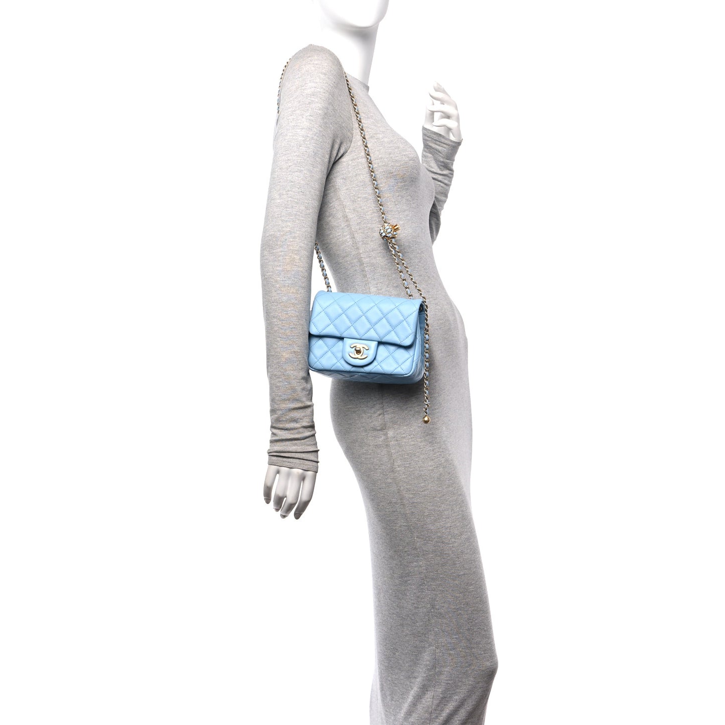 Lambskin Quilted Mini Pearl Crush Flap Light Blue