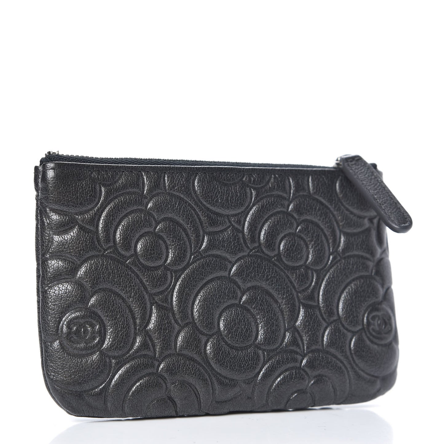 Goatskin Camellia Embossed Cosmetic Pouch Anthracite