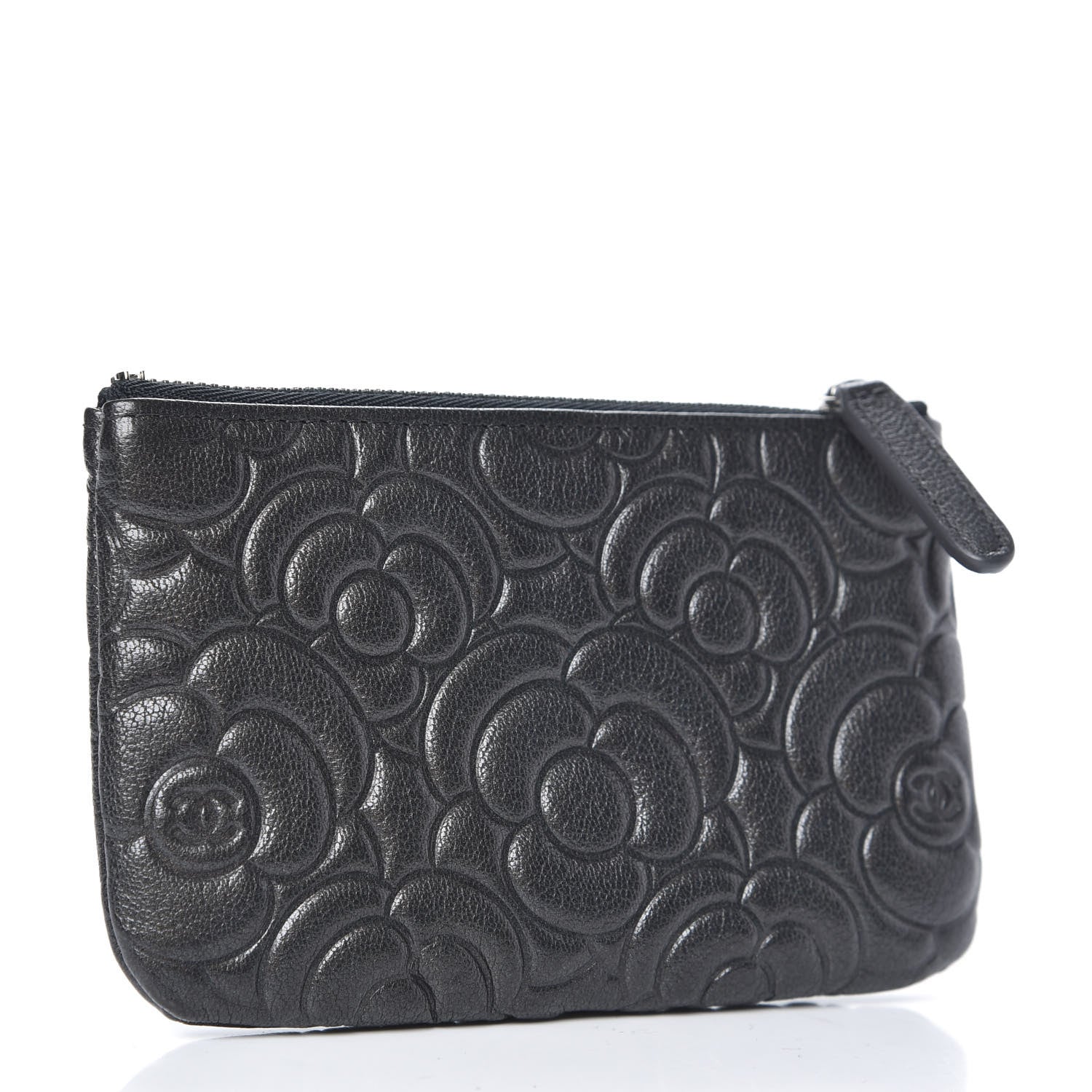 Chanel Goatskin Camellia Embossed Cosmetic Pouch Anthracite 3 of 8