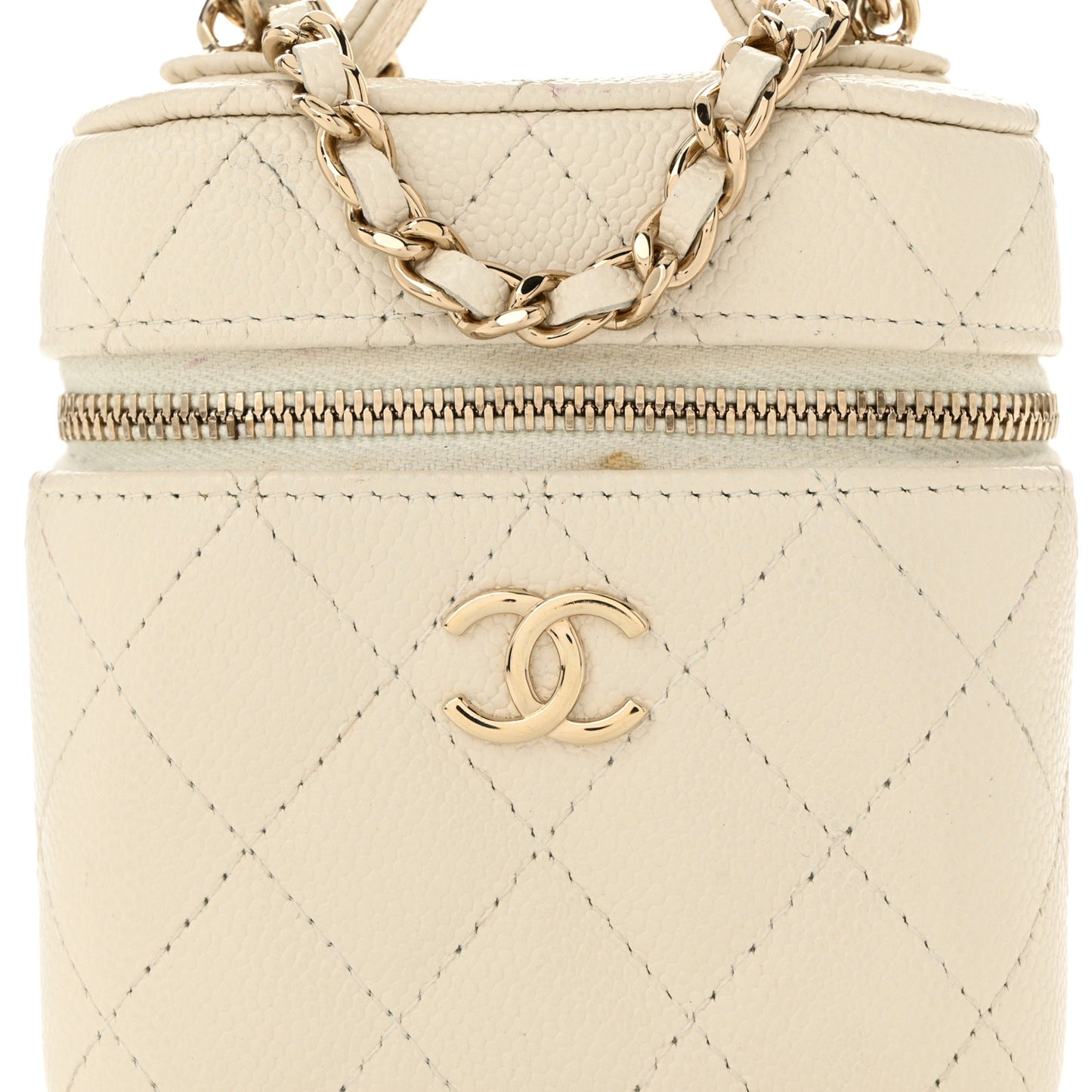 Caviar Quilted Small Handle With Care Vanity Case With Chain White