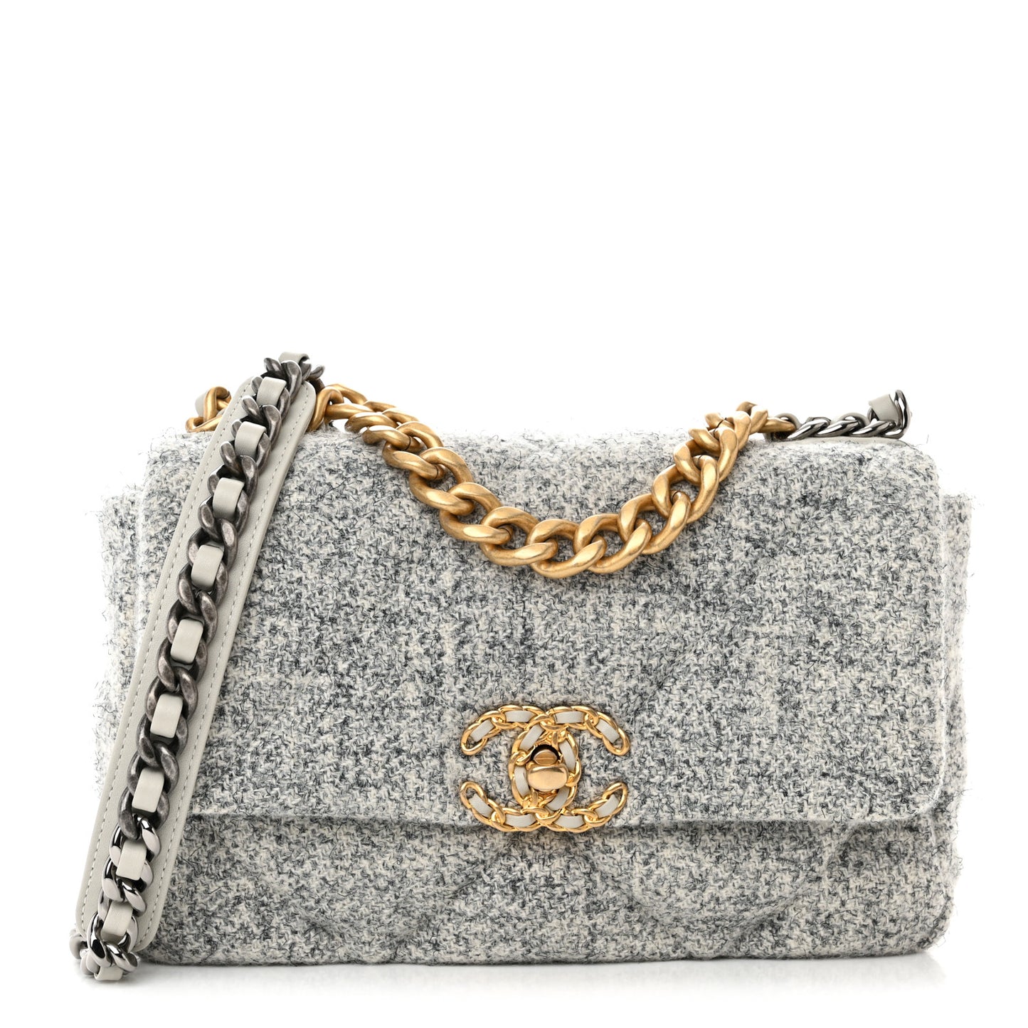 Tweed Quilted Medium Chanel 19 Flap Grey Ecru