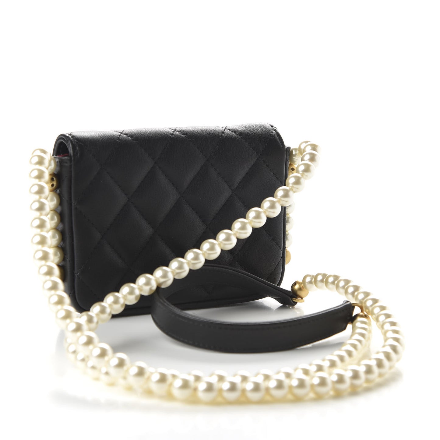 Calfskin Quilted About Pearls Card Holder Flap With Chain Black