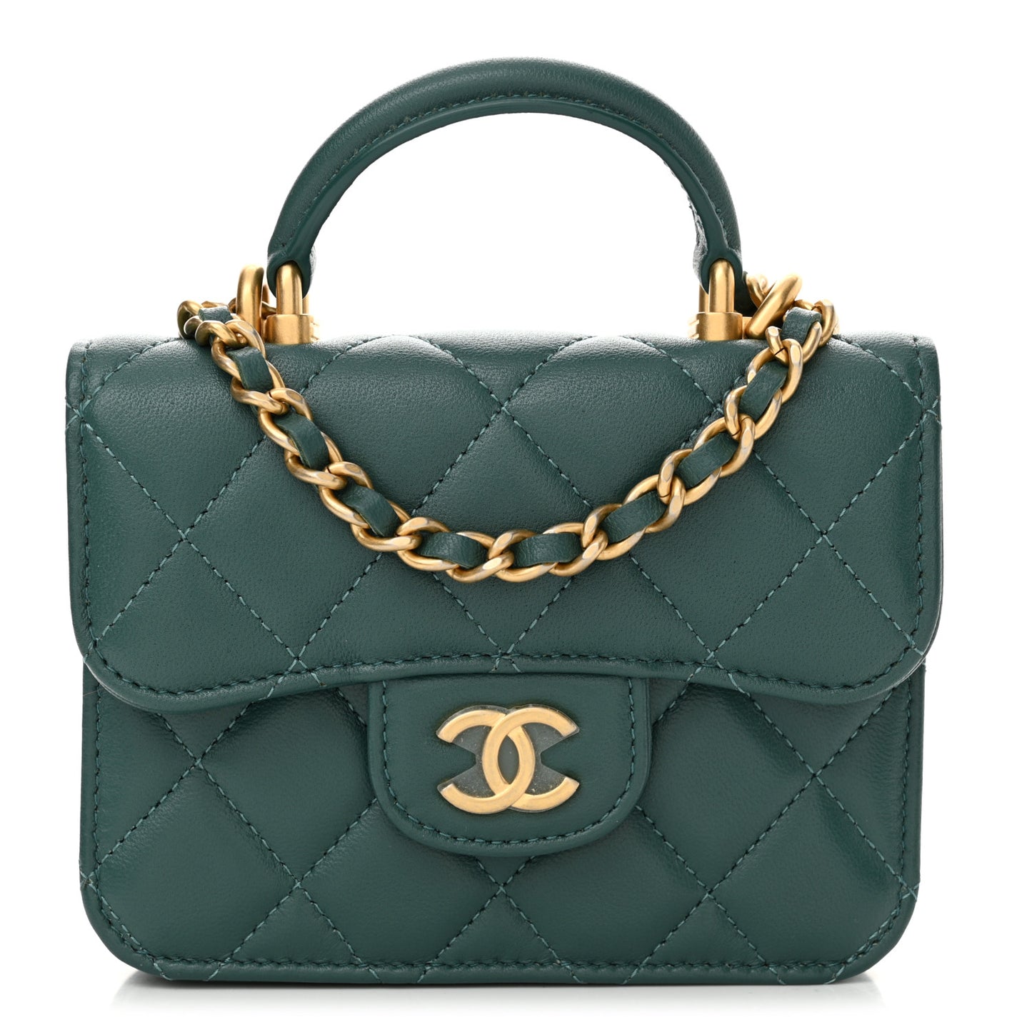 Lambskin Quilted Top Handle Flap Coin Purse With Chain Green