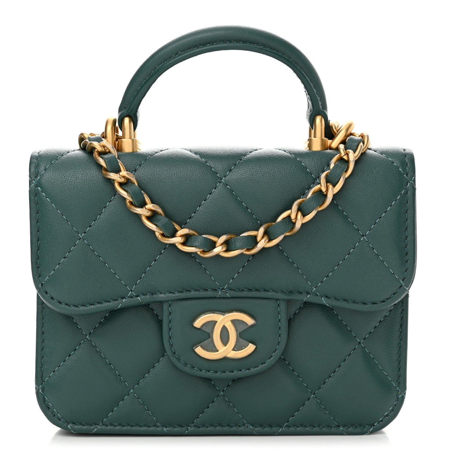 Chanel Lambskin Quilted Top Handle Flap Coin Purse With Chain Green 1 of 13