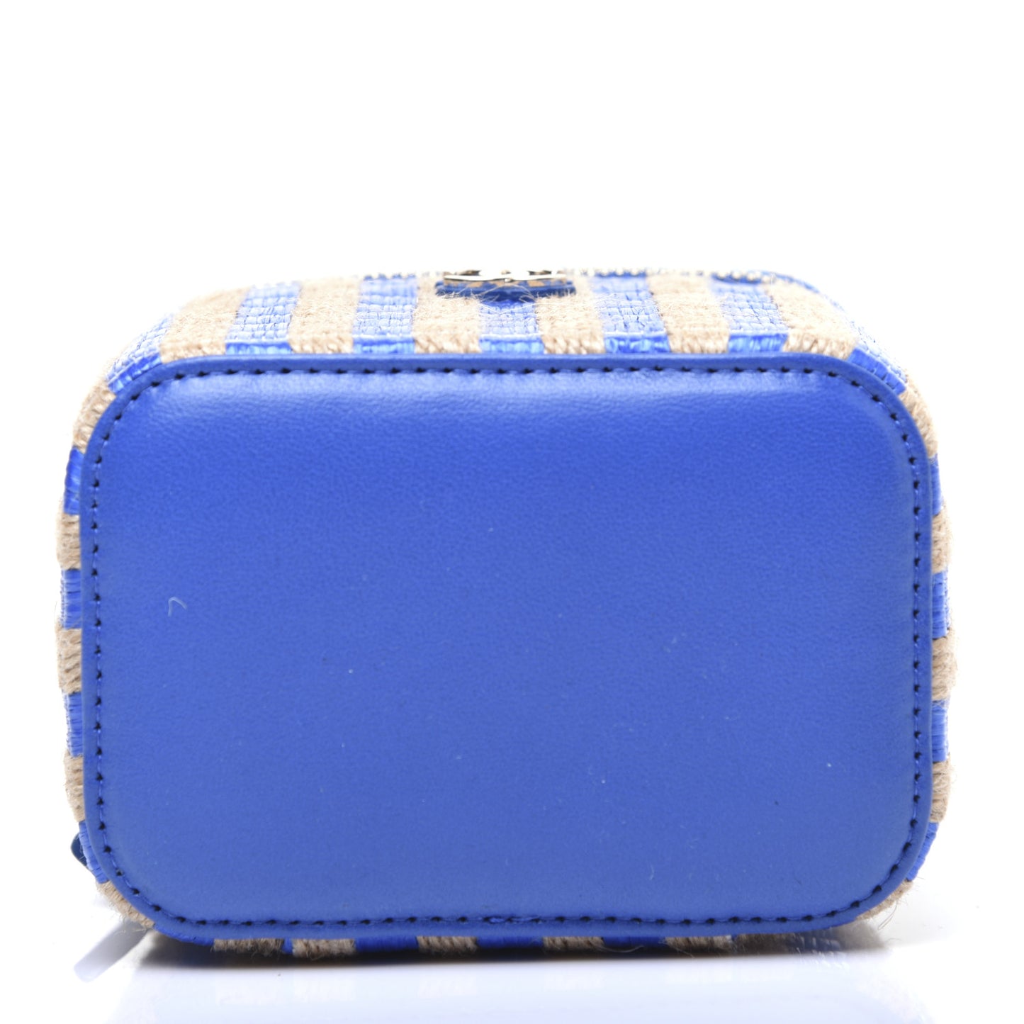 Raffia Jute Striped Mini Vanity Case With Chain Blue Beige
