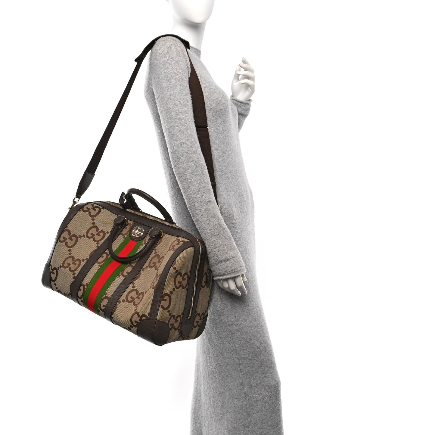 Monogram Jumbo GG Textured Dollar Calfskin Web Medium Duffle Bag Camel Ebony