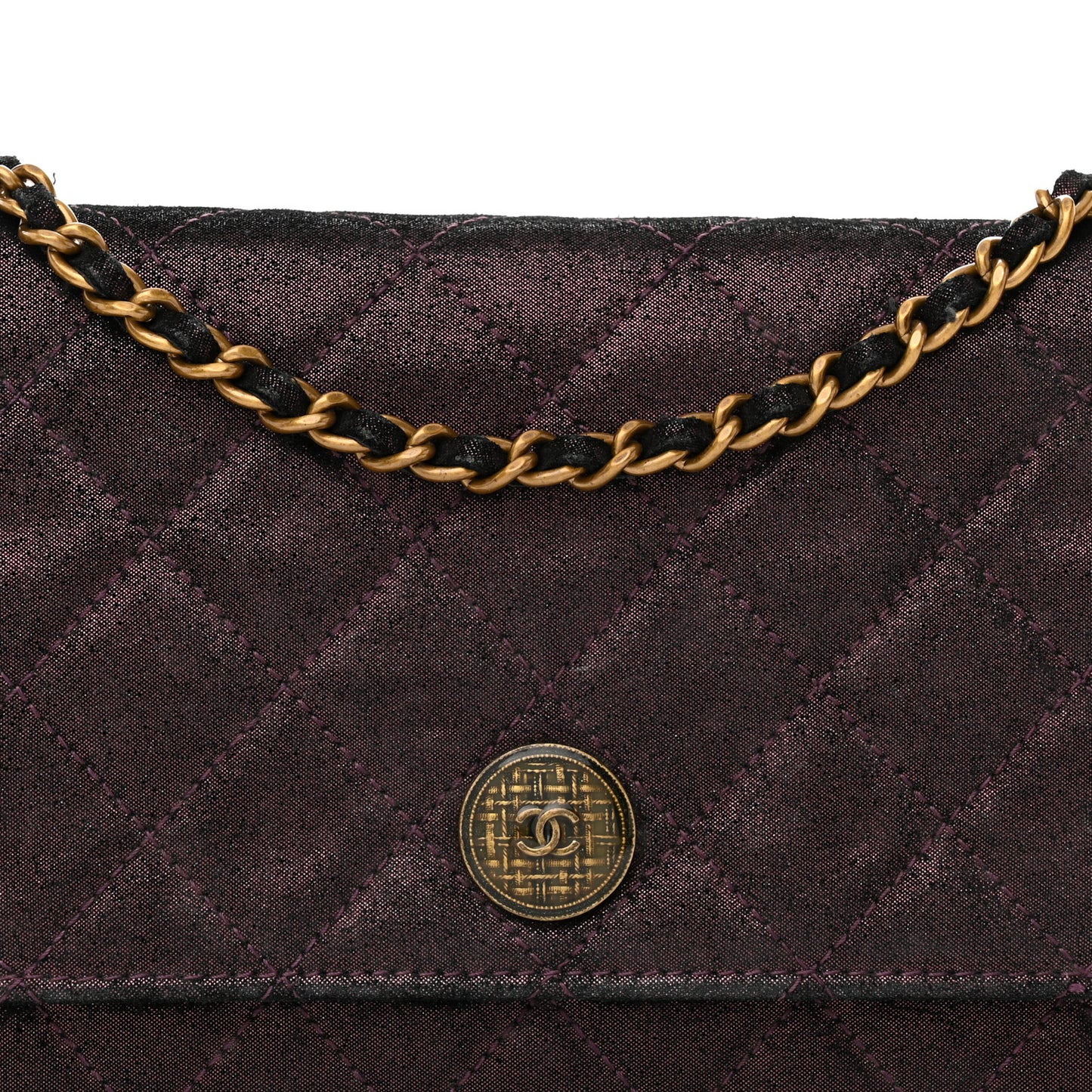 Iridescent Calfskin Quilted Tartan Button Wallet on Chain WOC