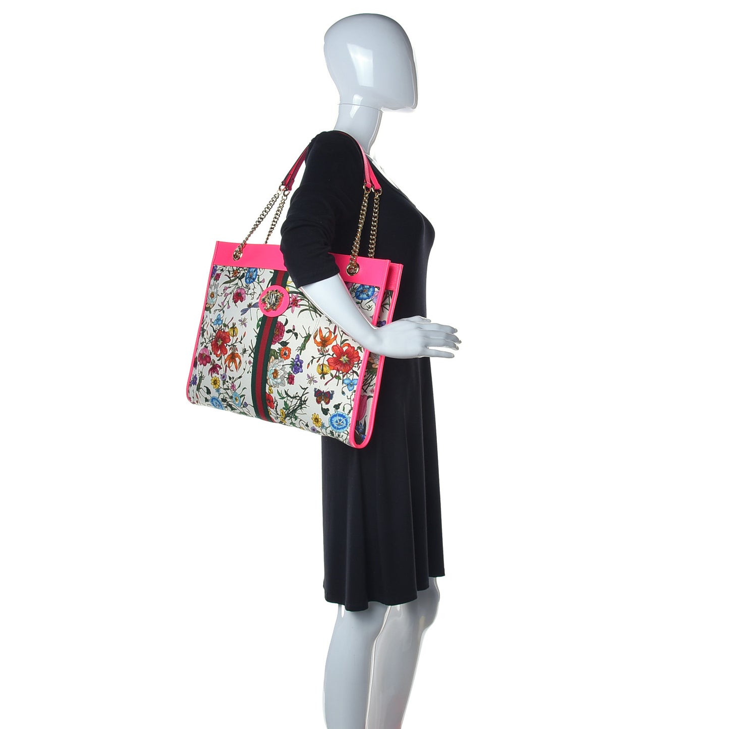 Canvas Flora Large Rajah Chain Tote White Multicolor Fuxia Fluo