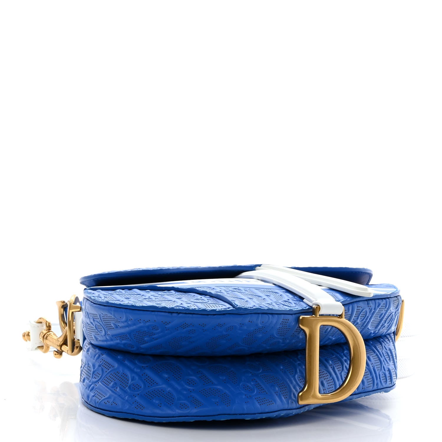 Christian Dior Perforated Calfskin Embossed Oblique Saddle Bag Blue White 4 of 11