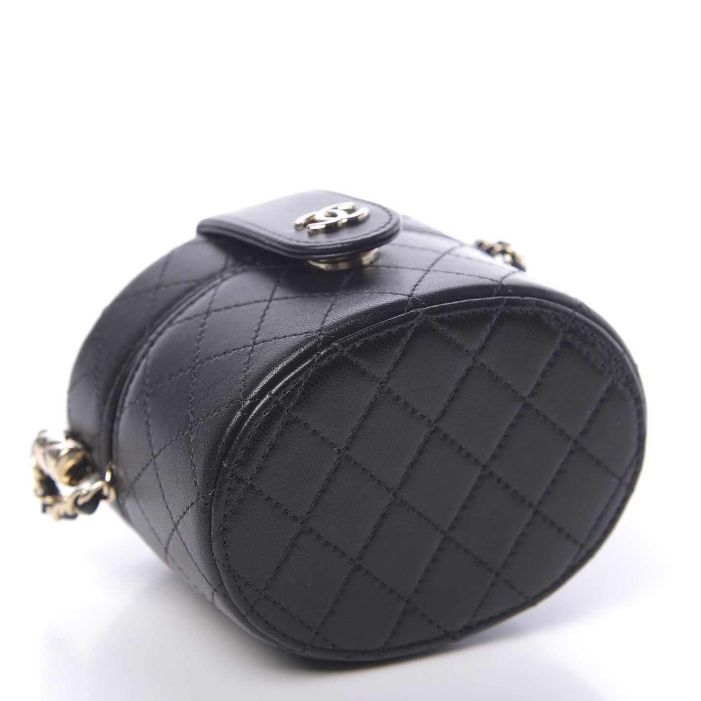 Lambskin Quilted Mini Round Vanity Case With Chain Black