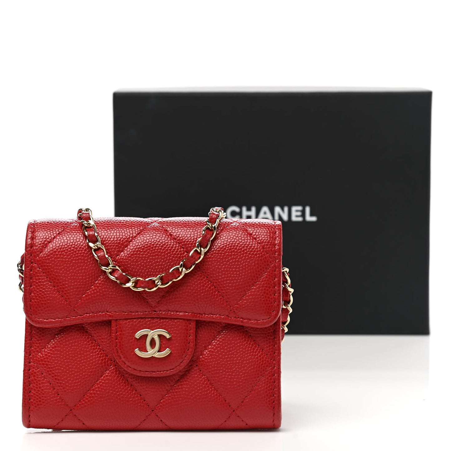 Caviar Quilted Flap Card Holder On Chain Red