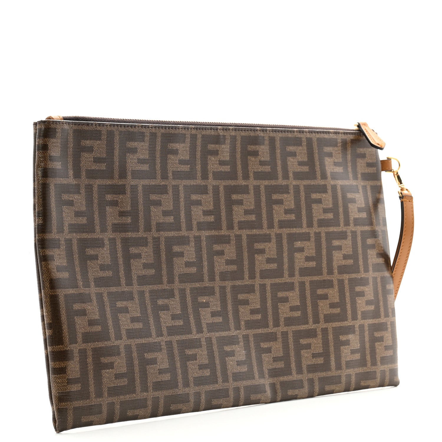 Fendi Glazed Fabric Vitello Century FF 1974 Stamp Patch Large Flat Pouch Mogano Panna Caramello 3 of 11
