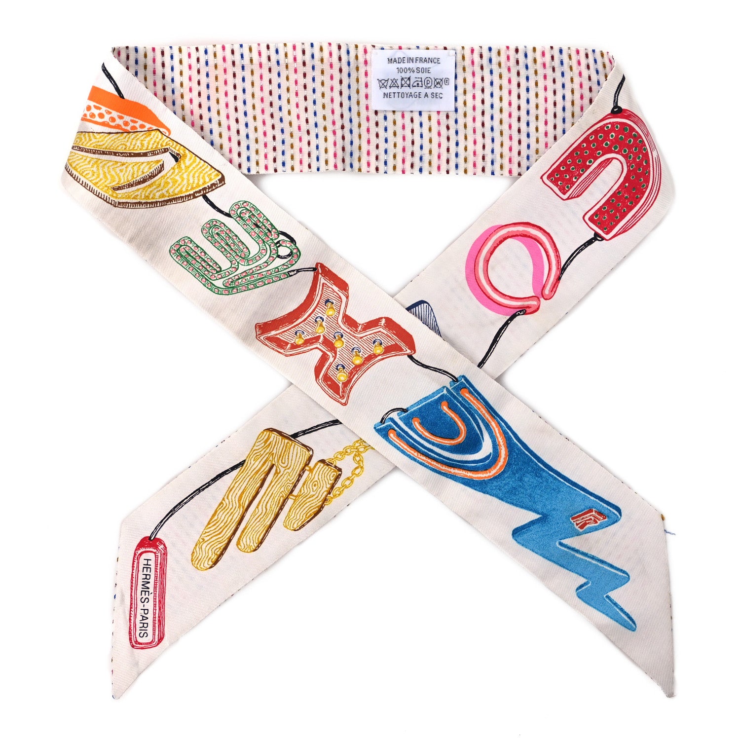 Hermes Silk Chevaloscope Neon Twilly White Bleu Rouge 1865559