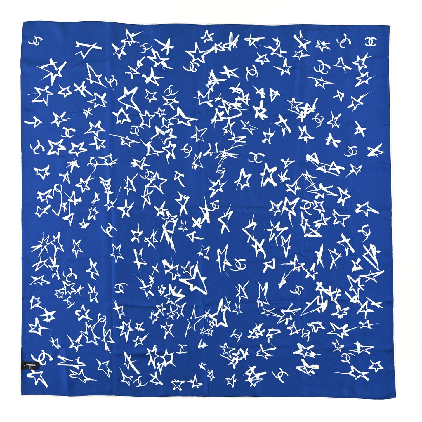 Silk Star Square Scarf Navy Blue White Blue