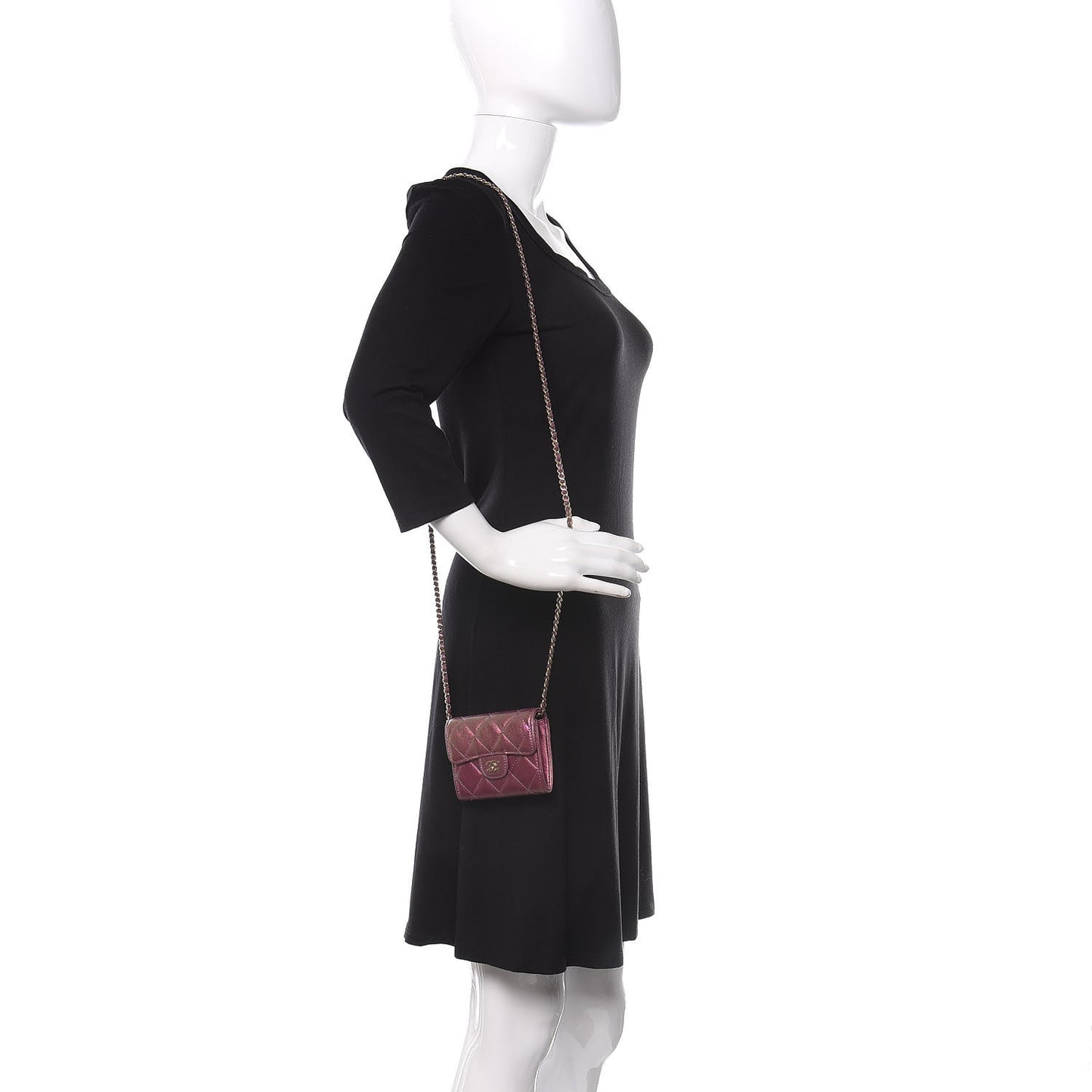 Iridescent Lambskin Quilted Flap Card Holder On Chain Purple