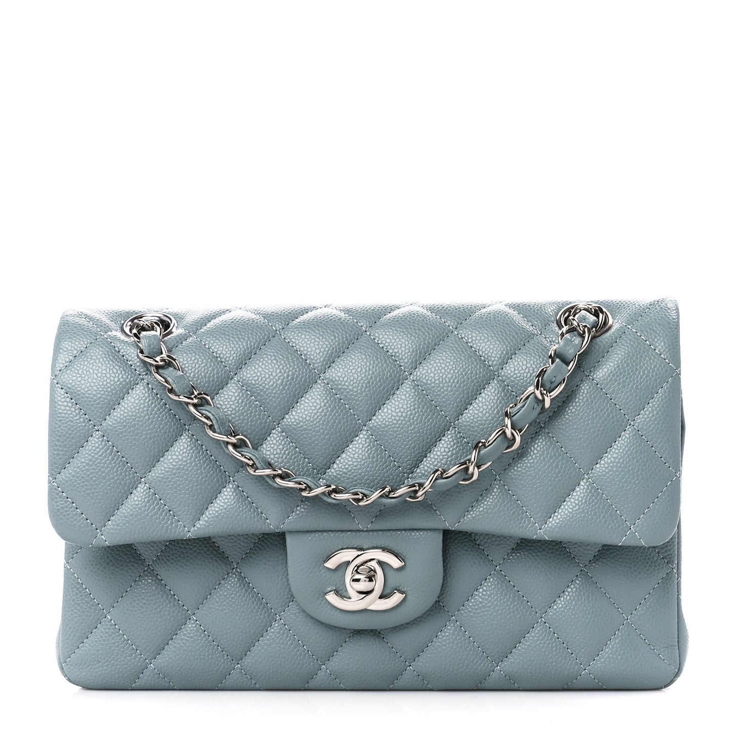 Caviar Quilted Small Double Flap Light Blue