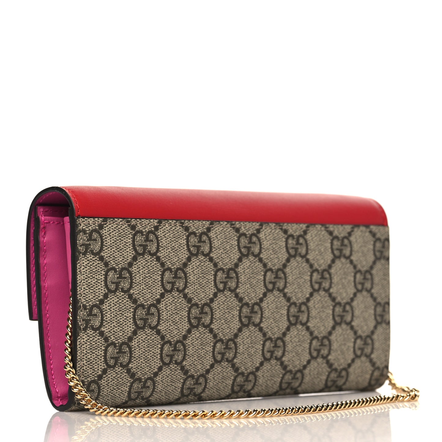 GG Supreme Monogram Moon Calfskin Padlock Continental Chain Wallet Beige Ebony Hibiscus Red New Rosette