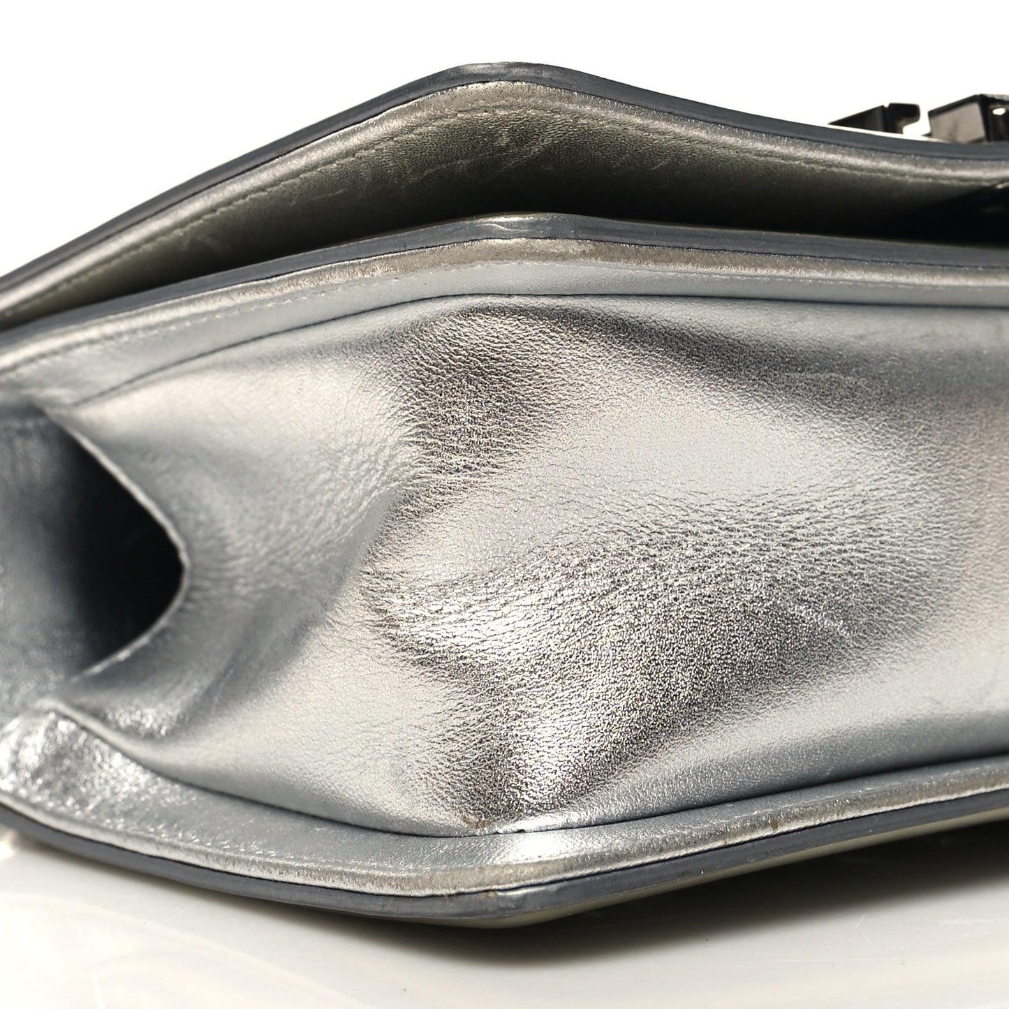 Metallic Patent Calfskin Quilted Small Boy Flap Silver