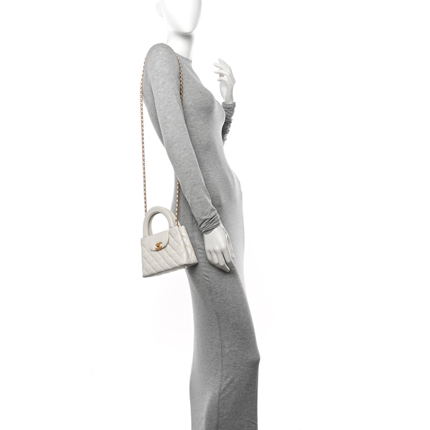 Shiny Aged Calfskin Quilted Nano Kelly Shopper White