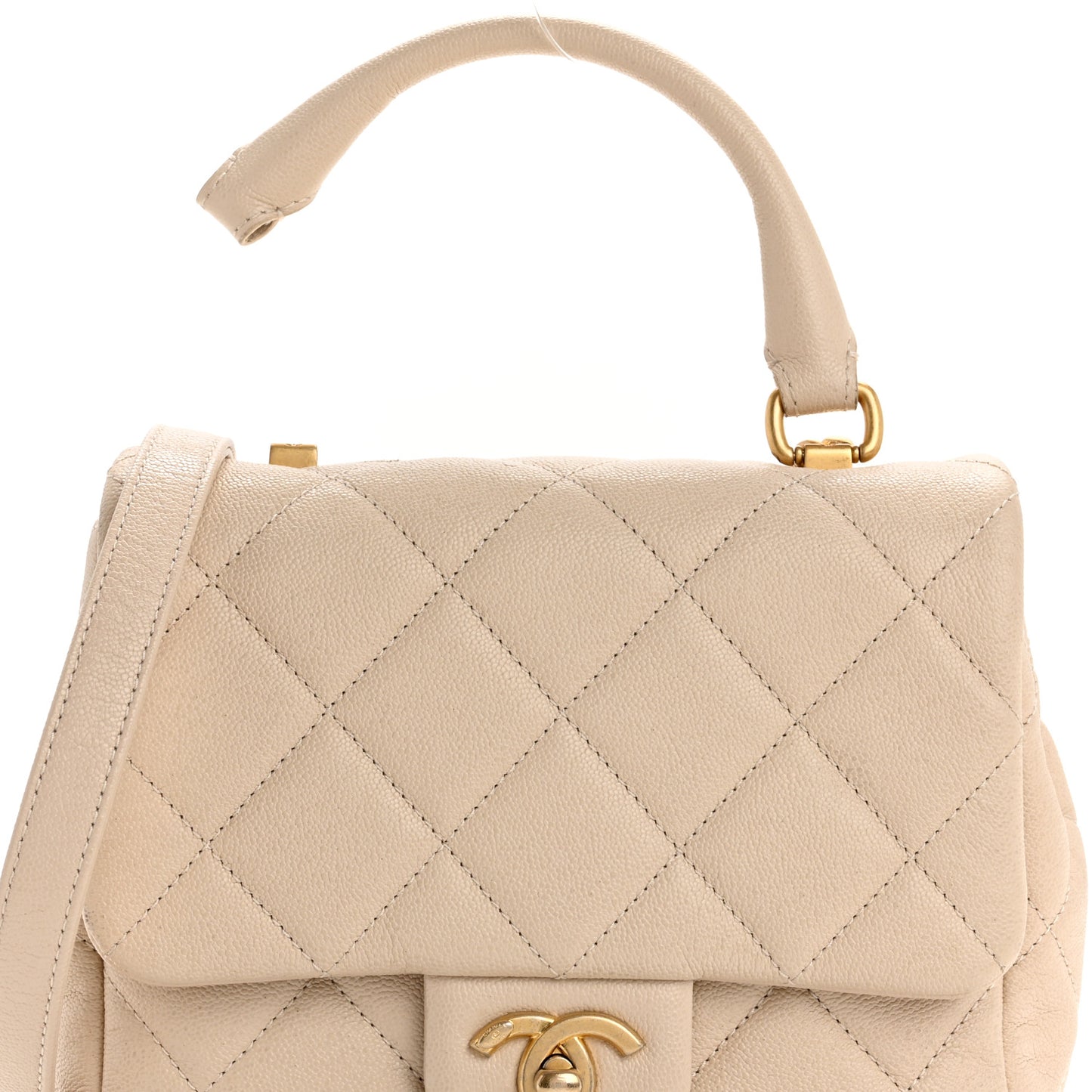 Shiny Caviar Quilted Mini Top Handle Flap Ecru
