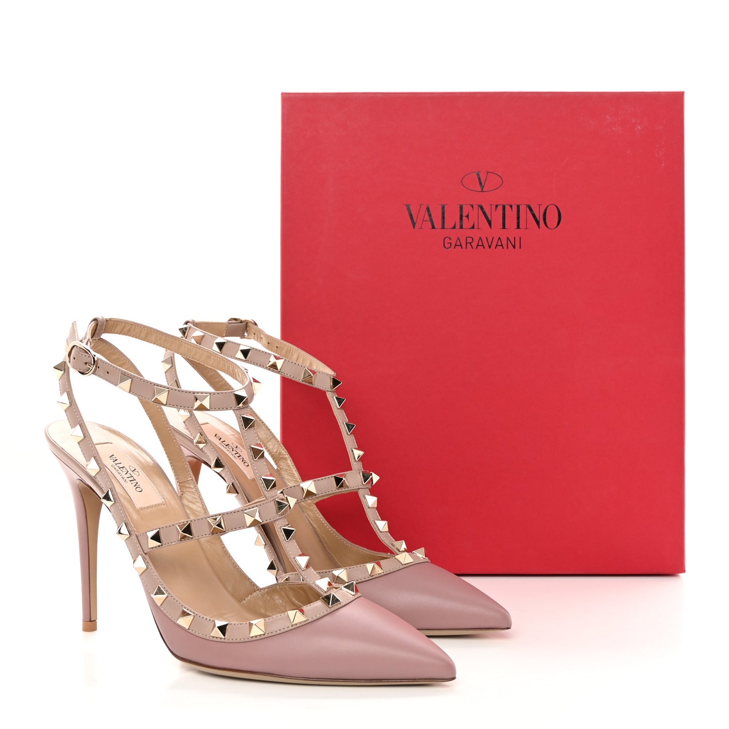 Calfskin Nappa Rockstud Ankle Strap 100mm Pumps 40 Grey Pink Poudre