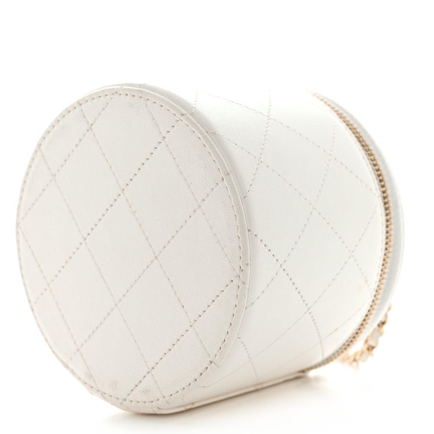 Lambskin Quilted Round Small Vanity Case With Chain White Black