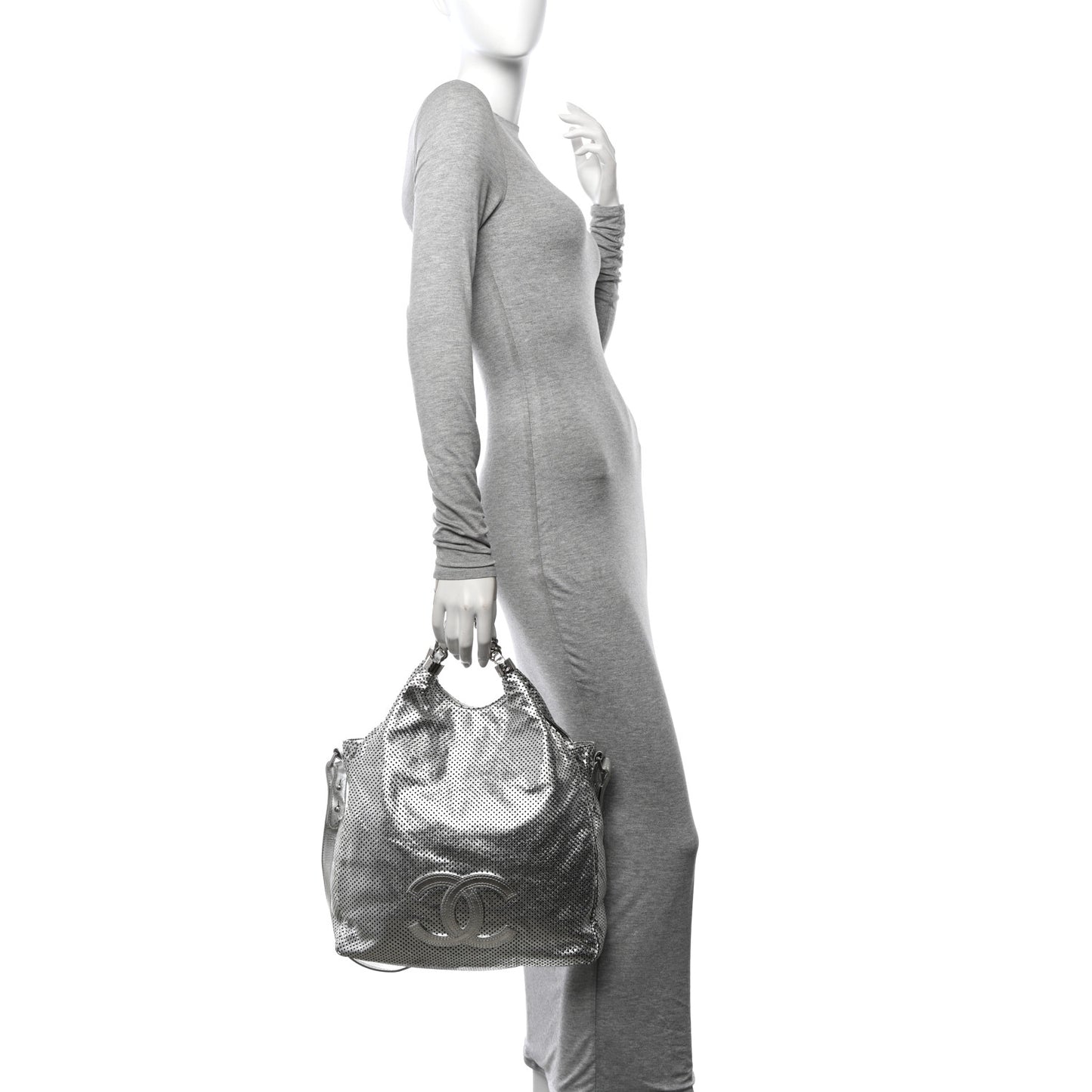 Metallic Glazed Calfskin Perforated Medium Rodeo Drive Tote Silver